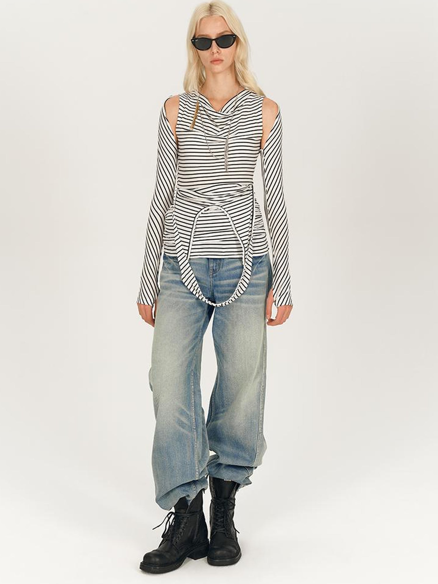 AFTADAWN Multi Way Draped Neckline Striped Lyocell Tee