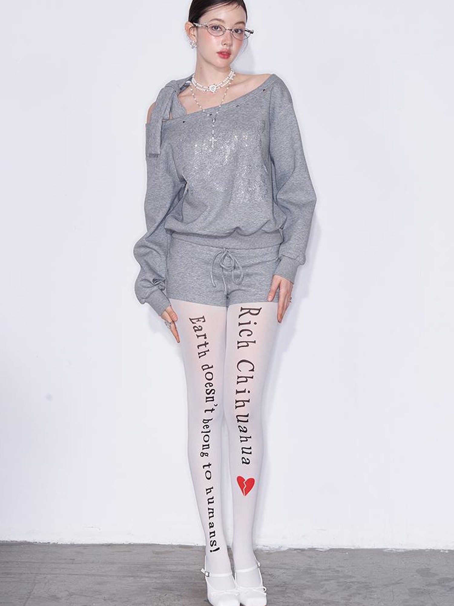 AFTADAWN Multi Way Shoulder Studded Rhinestone Sweatshirt Set