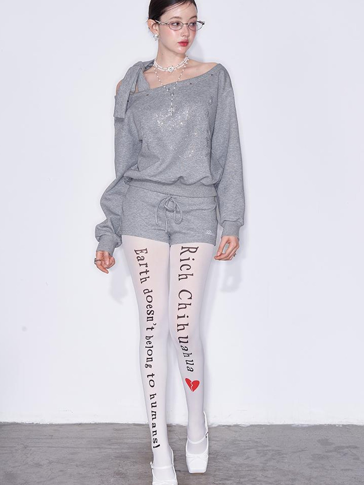 AFTADAWN Multi Way Shoulder Studded Rhinestone Sweatshirt Set