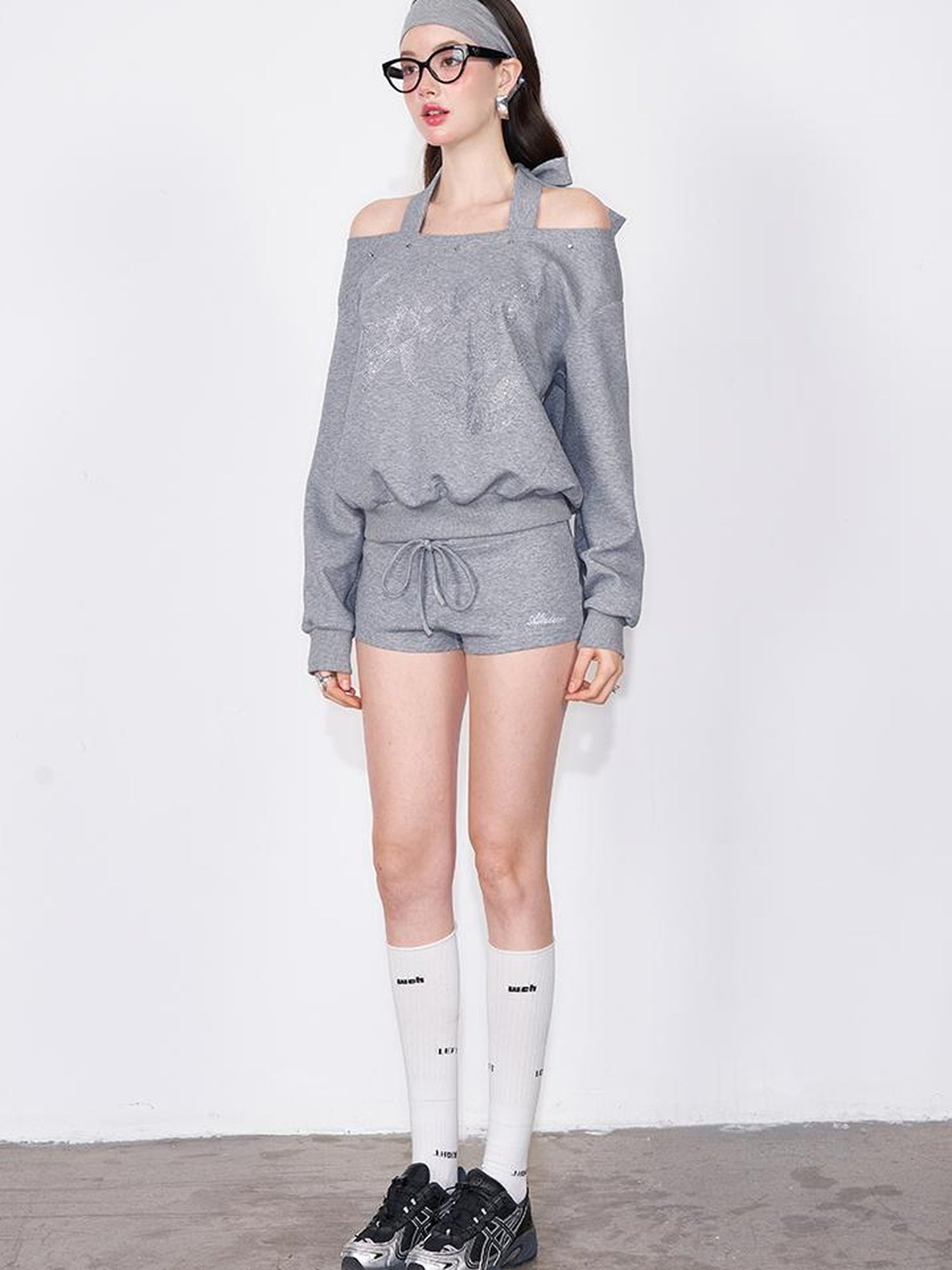 AFTADAWN Multi Way Shoulder Studded Rhinestone Sweatshirt Set