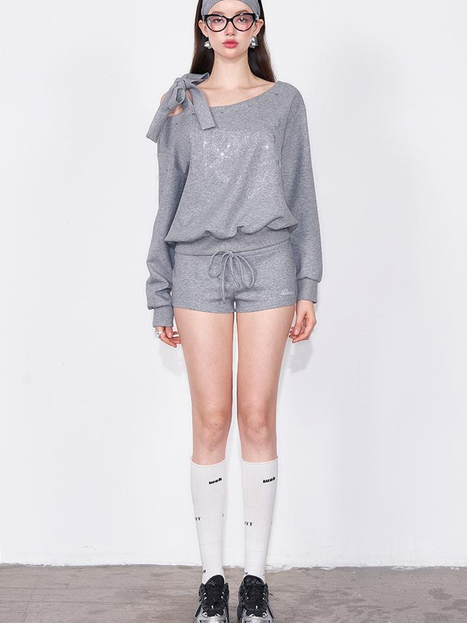 AFTADAWN Multi Way Shoulder Studded Rhinestone Sweatshirt Set