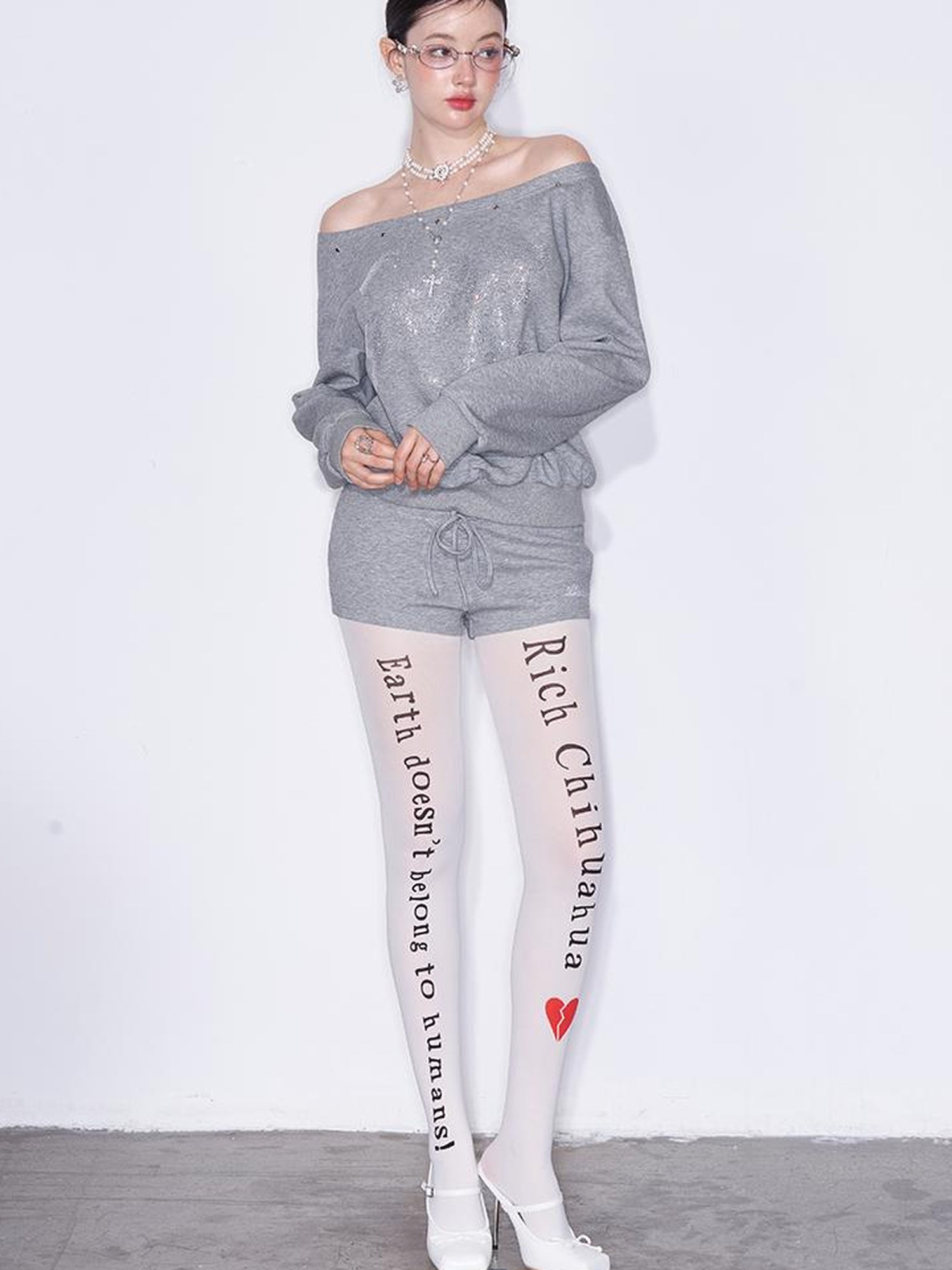 AFTADAWN Multi Way Shoulder Studded Rhinestone Sweatshirt Set