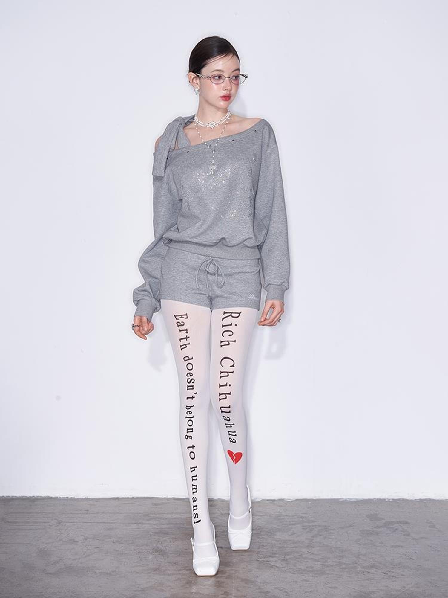 AFTADAWN Multi Way Shoulder Studded Rhinestone Sweatshirt Set