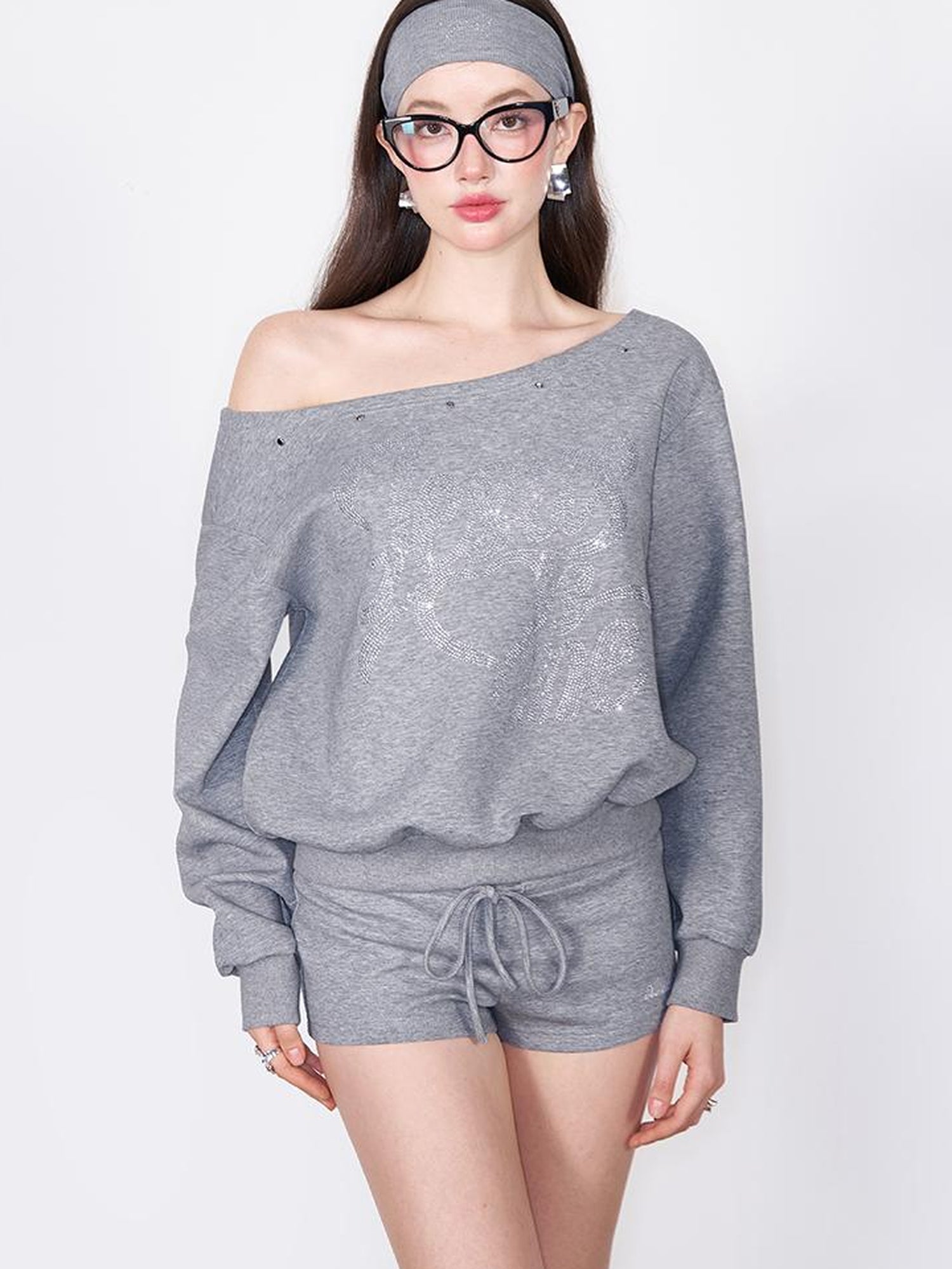 AFTADAWN Multi Way Shoulder Studded Rhinestone Sweatshirt Set