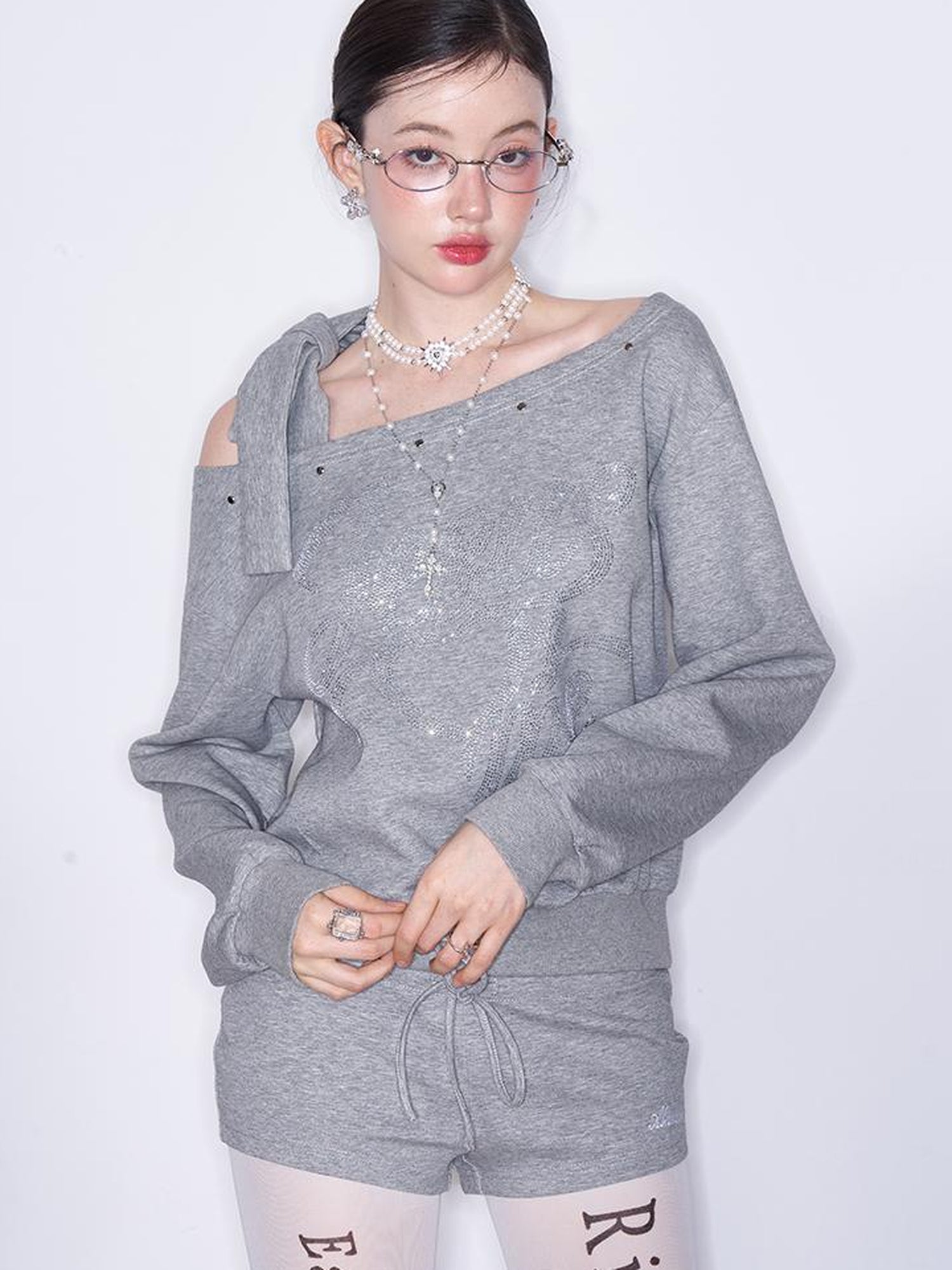 AFTADAWN Multi Way Shoulder Studded Rhinestone Sweatshirt Set
