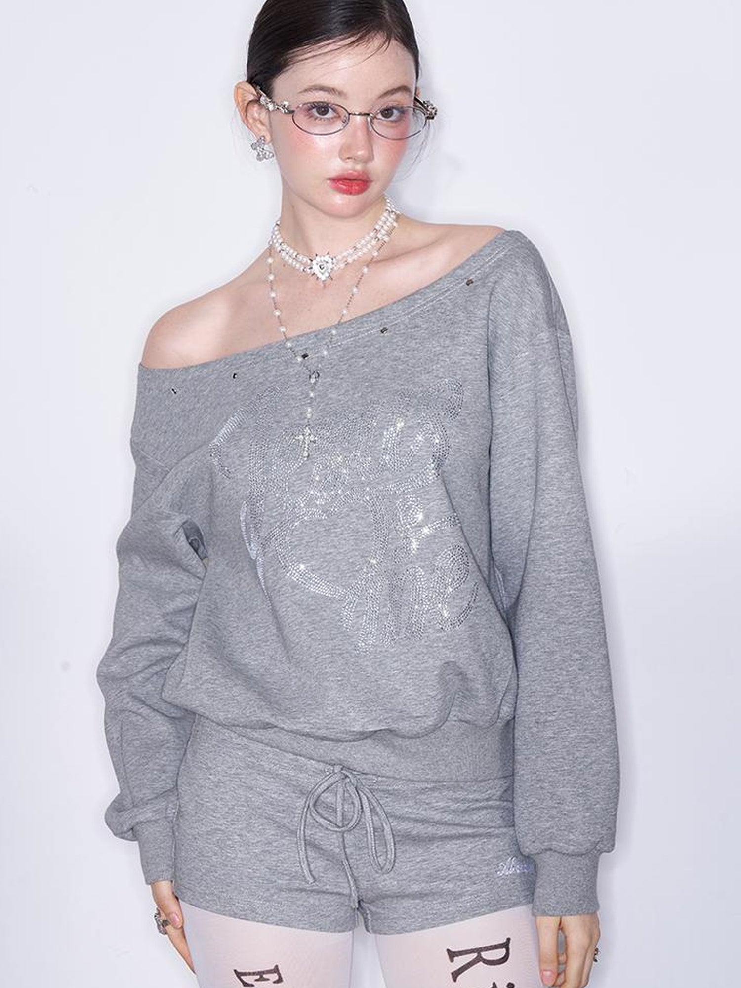 AFTADAWN Multi Way Shoulder Studded Rhinestone Sweatshirt Set