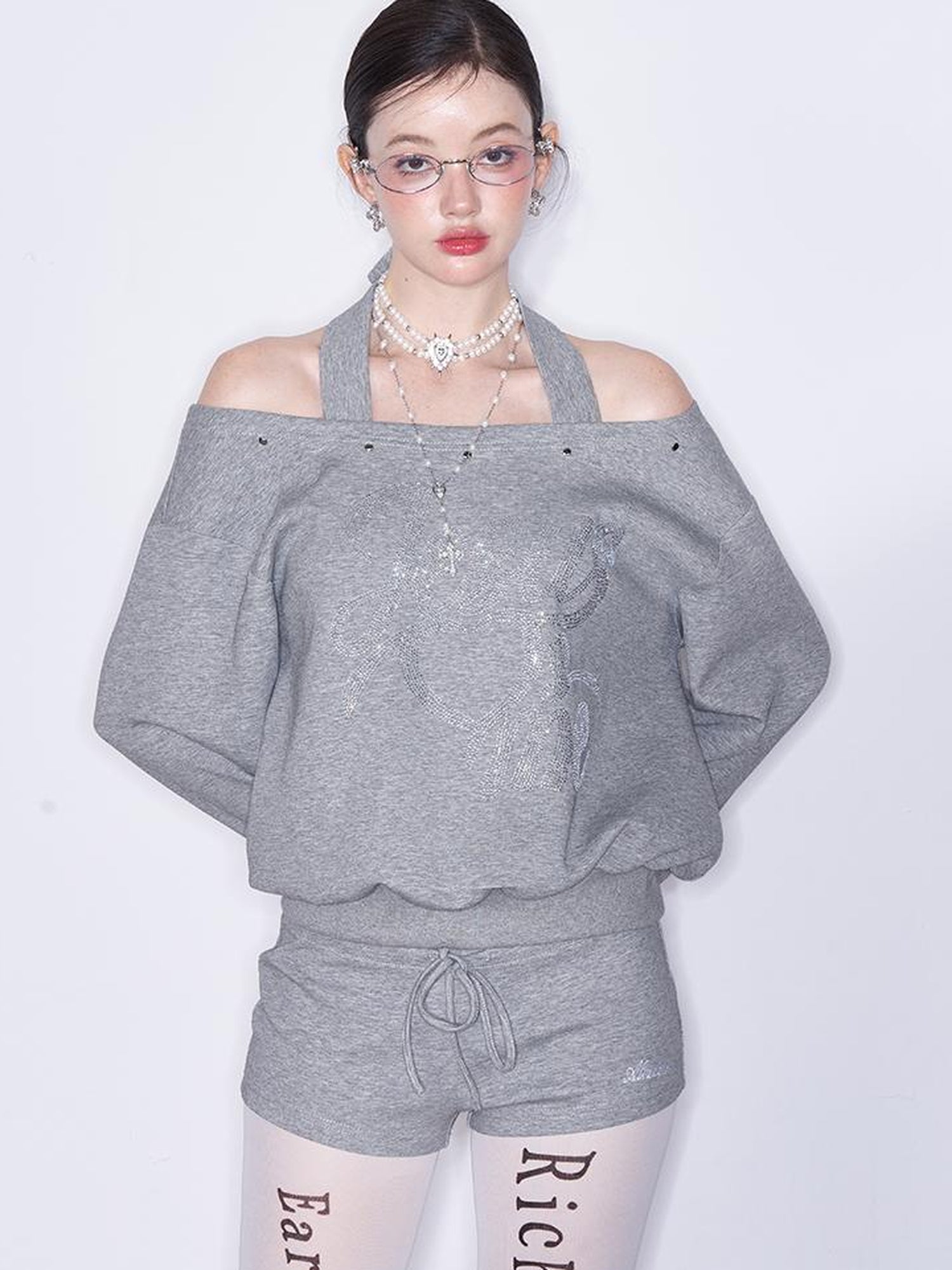 AFTADAWN Multi Way Shoulder Studded Rhinestone Sweatshirt Set