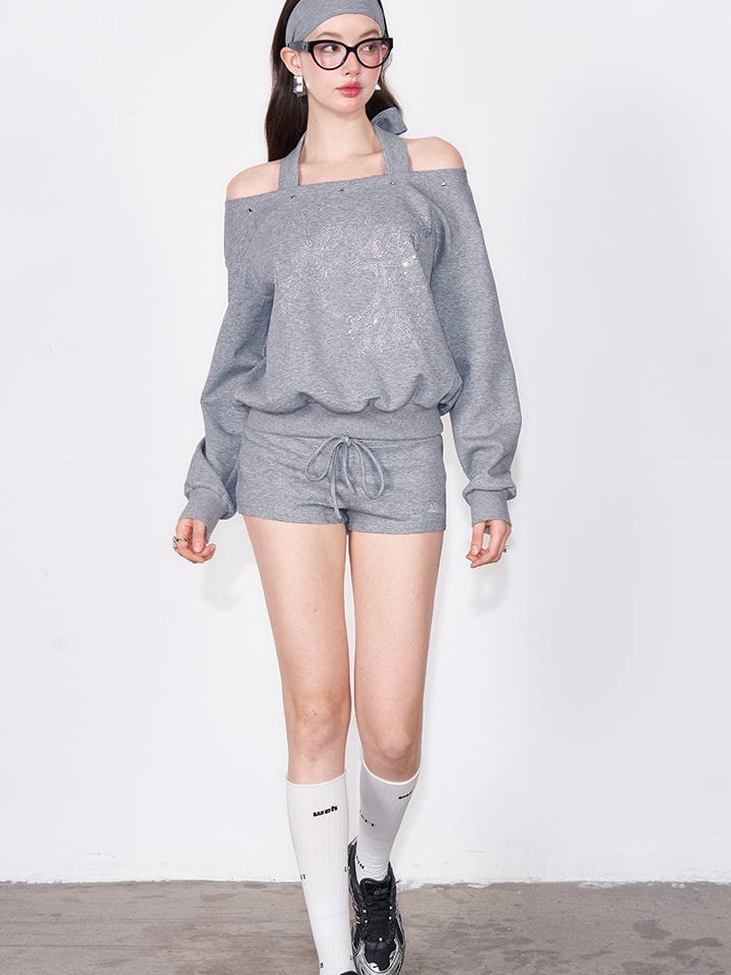 AFTADAWN Multi Way Shoulder Studded Rhinestone Sweatshirt Set