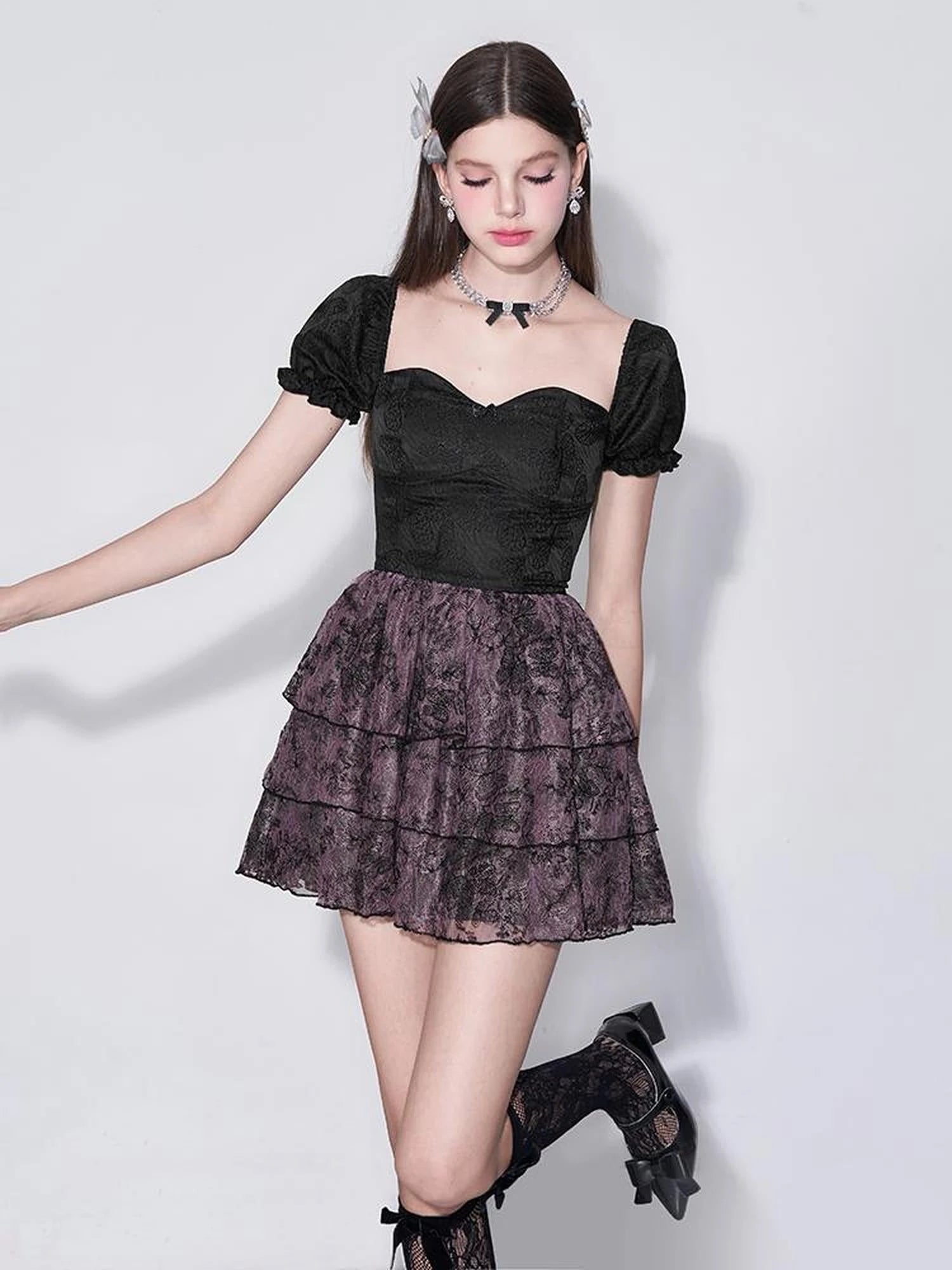 Mystic Purple Butterfly Lace Trim Fit Flare Bubble Hem Dress