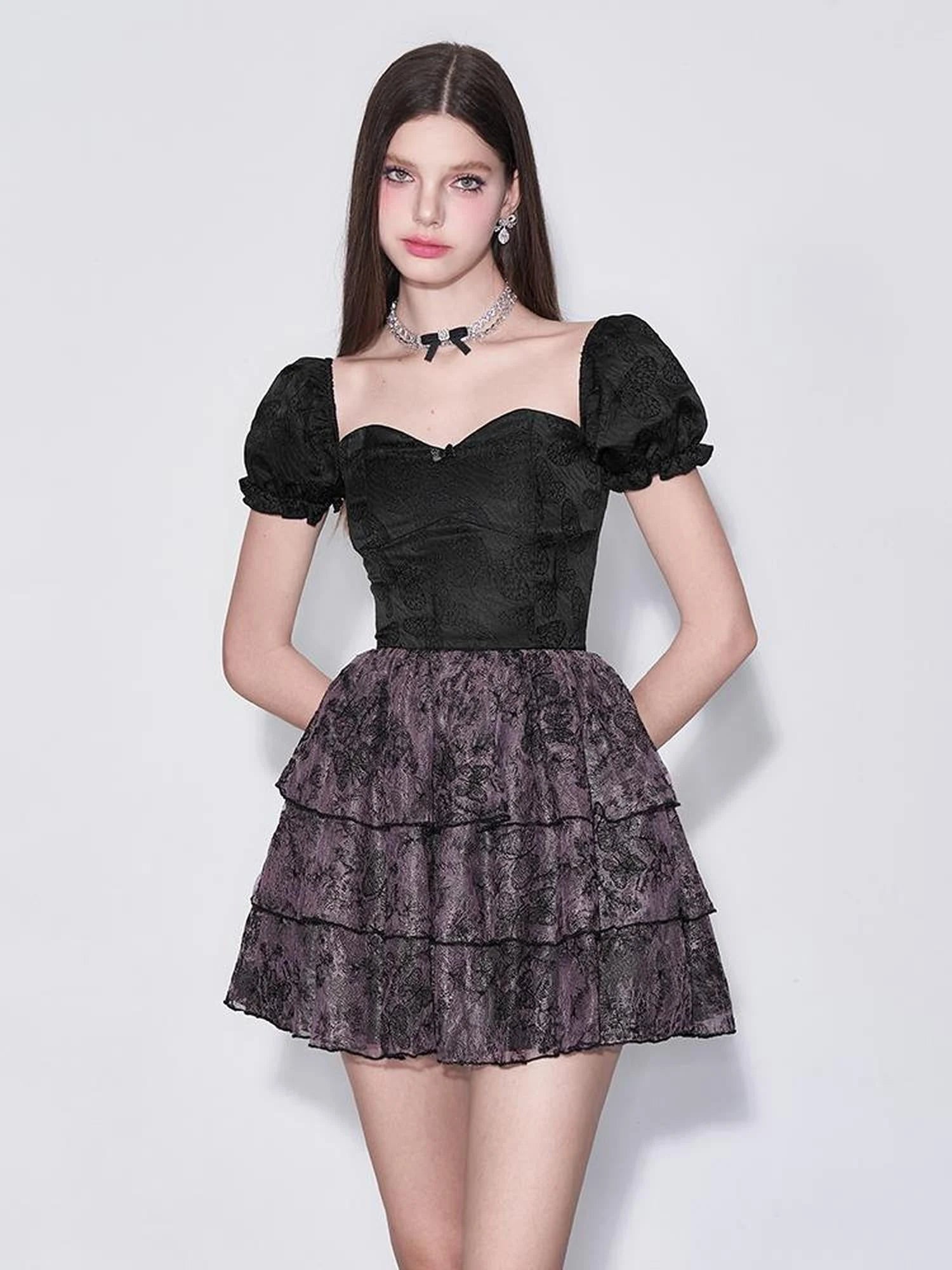 Mystic Purple Butterfly Lace Trim Fit Flare Bubble Hem Dress