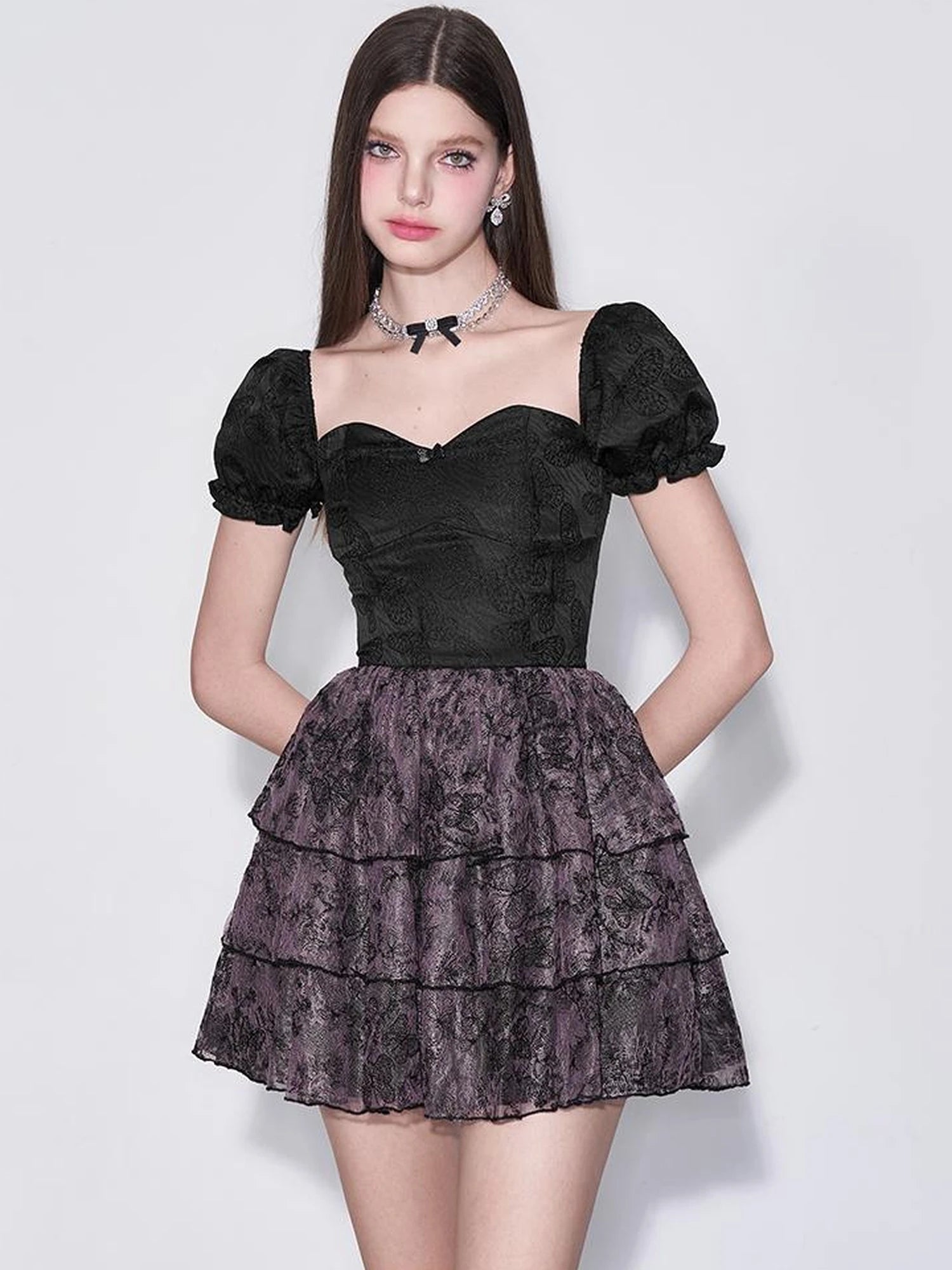 Mystic Purple Butterfly Lace Trim Fit Flare Bubble Hem Dress
