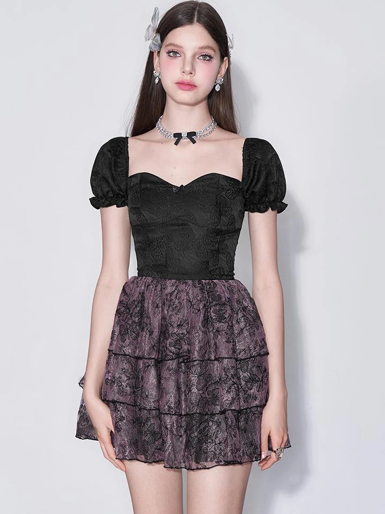 Mystic Purple Butterfly Lace Trim Fit Flare Bubble Hem Dress