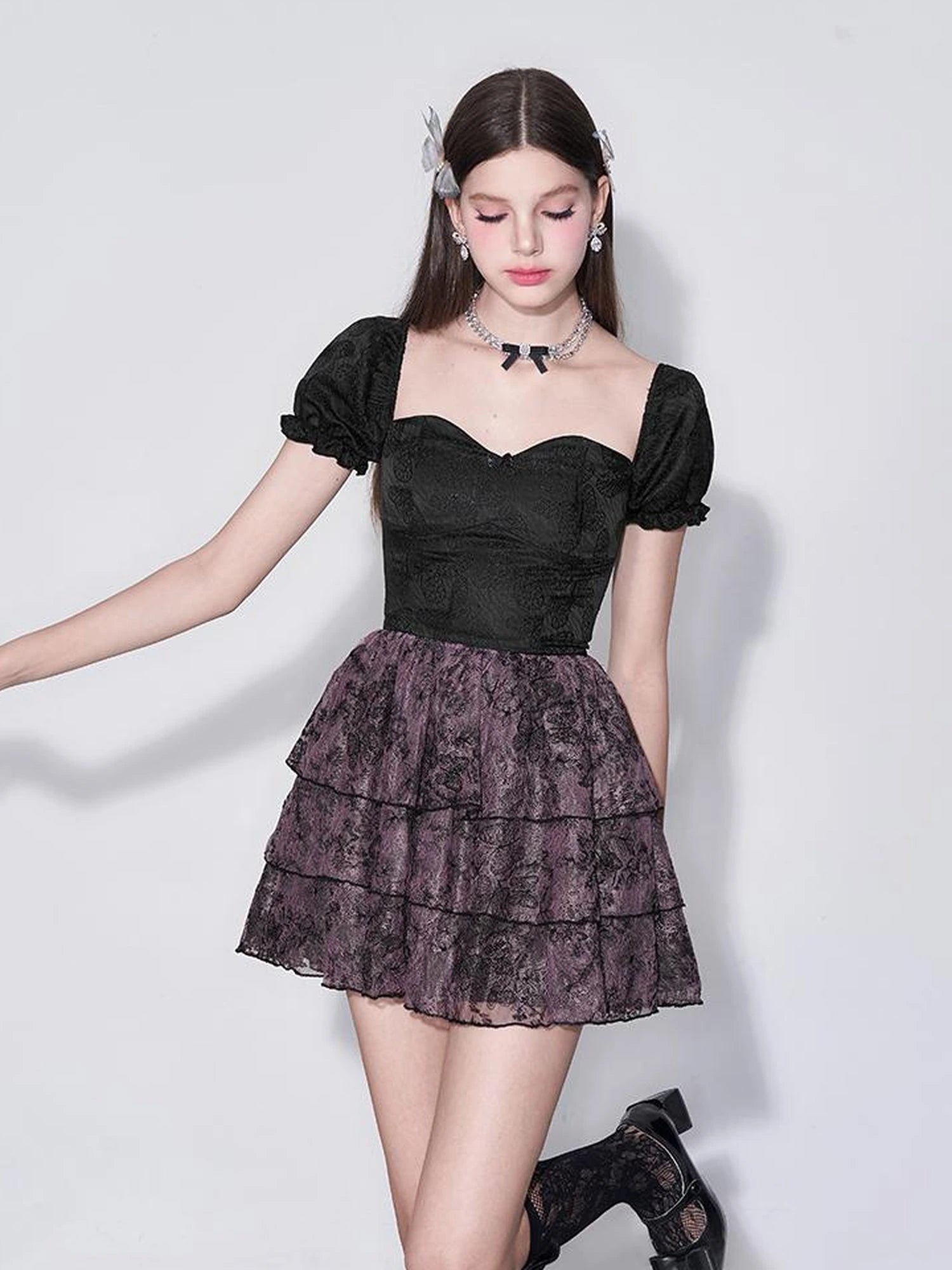 Mystic Purple Butterfly Lace Trim Fit Flare Bubble Hem Dress