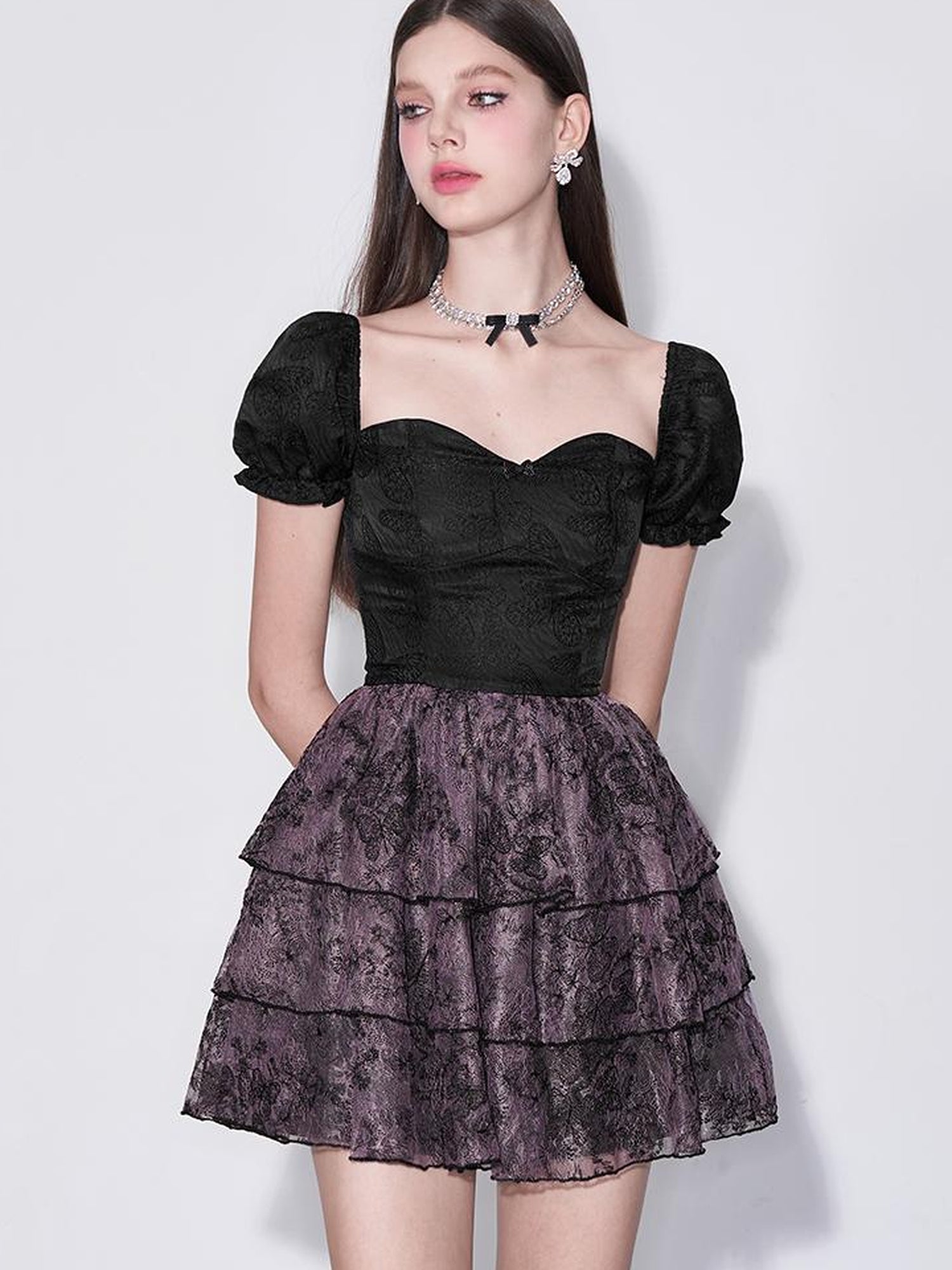 AFTADAWN Mystic Purple Butterfly Lace Trim Fit Flare Bubble Hem Dress
