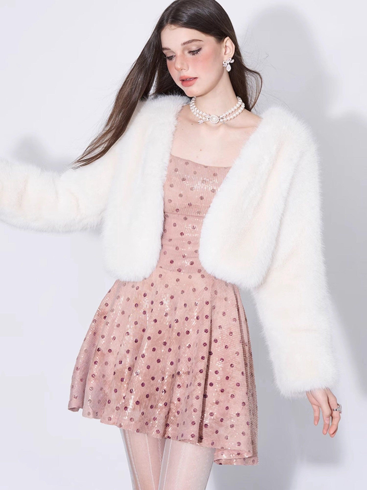 AFTADAWN Nebula Pink Polka Dot Sequin Cowl Pearl Chain Women&