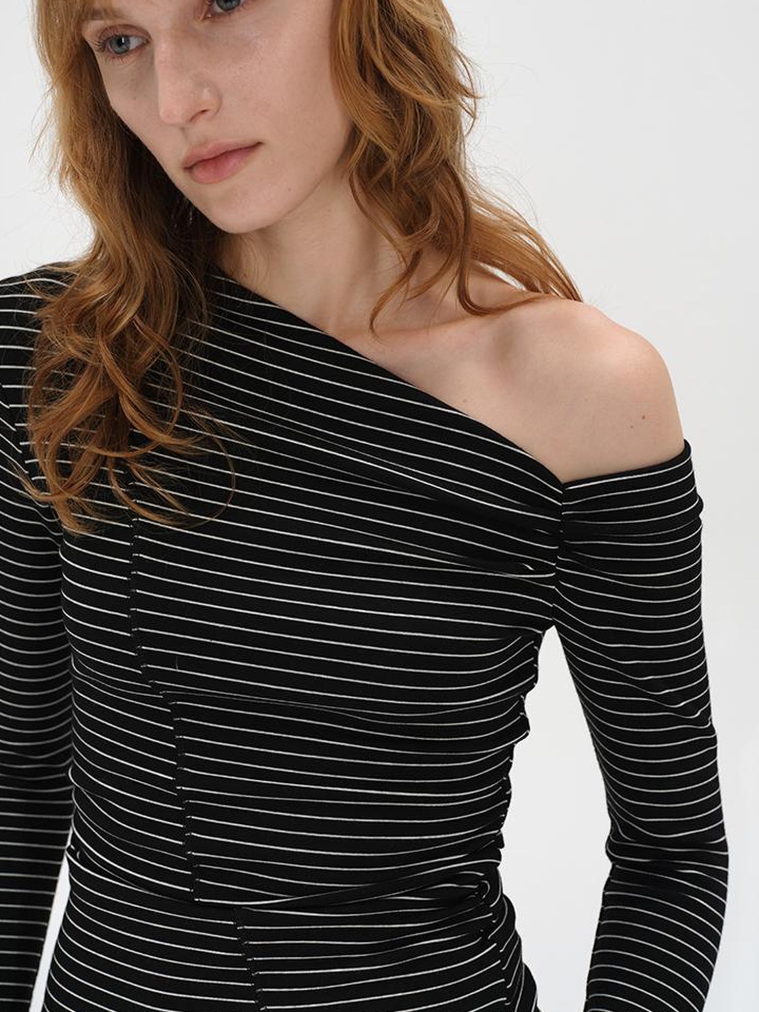 AFTADAWN Oblique Neck Pleated Long Sleeve Striped T-Shirt