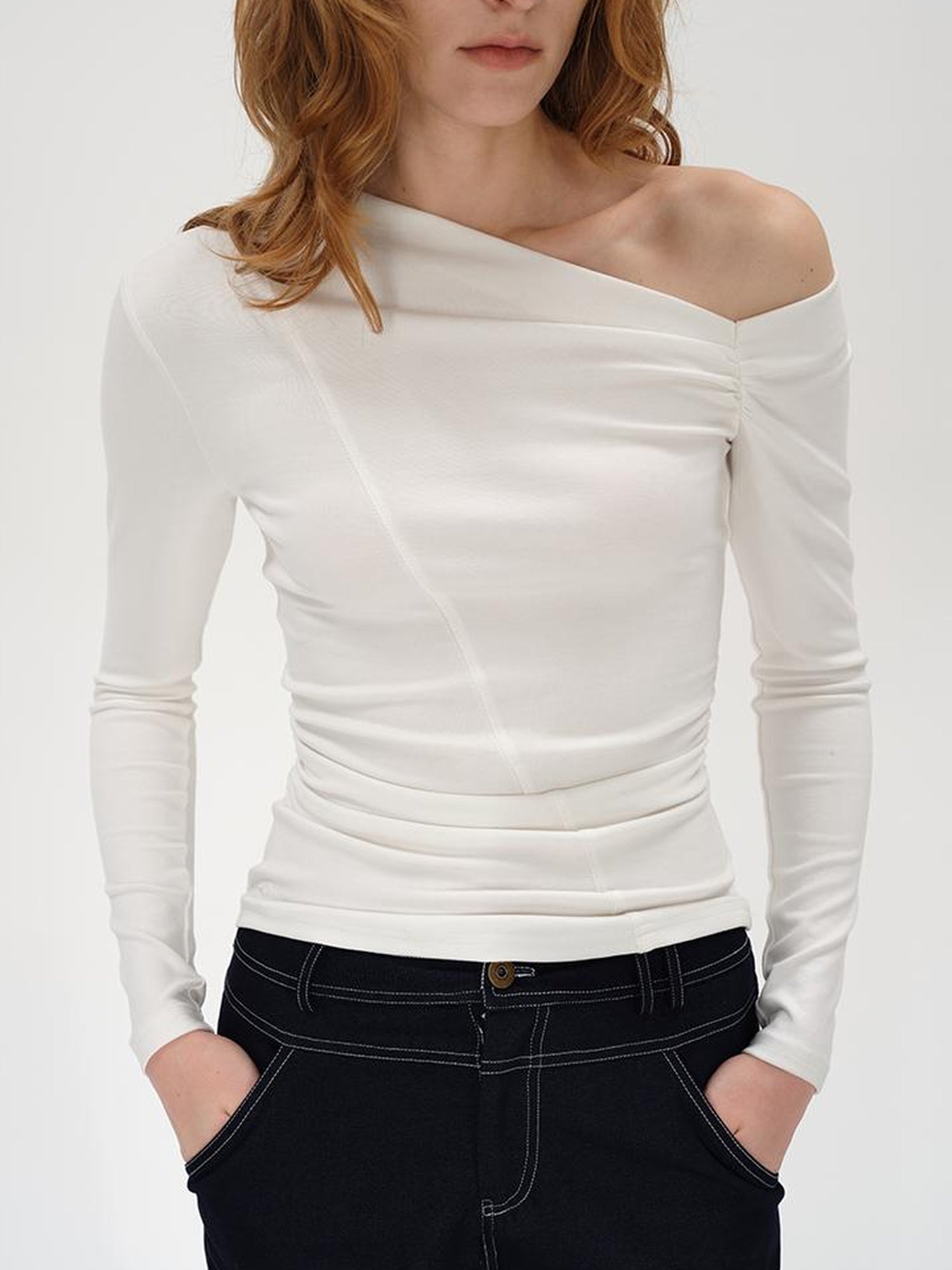 AFTADAWN Oblique Neck Pleated Long Sleeve Striped T-Shirt