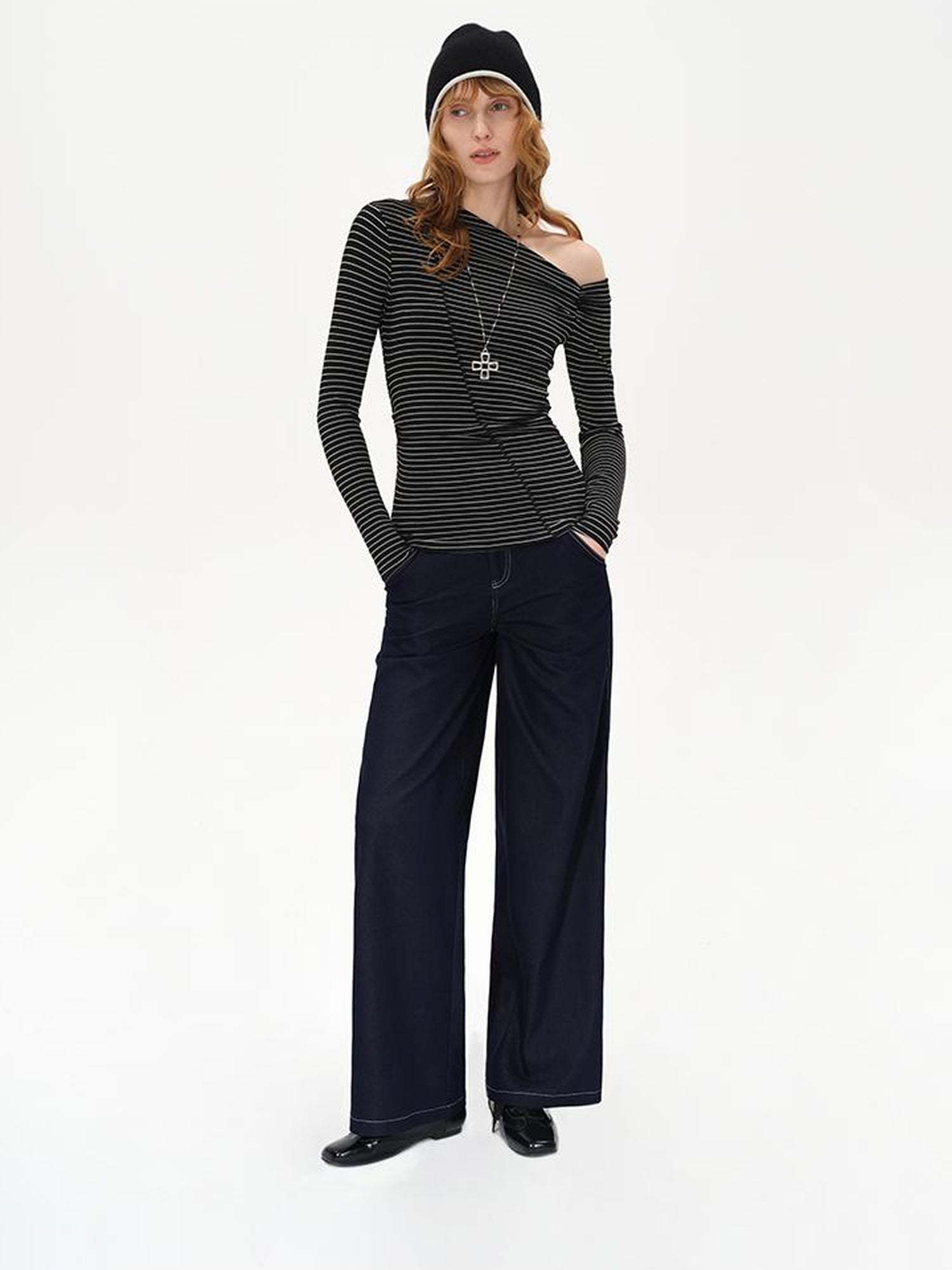 AFTADAWN Oblique Neck Pleated Long Sleeve Striped T-Shirt