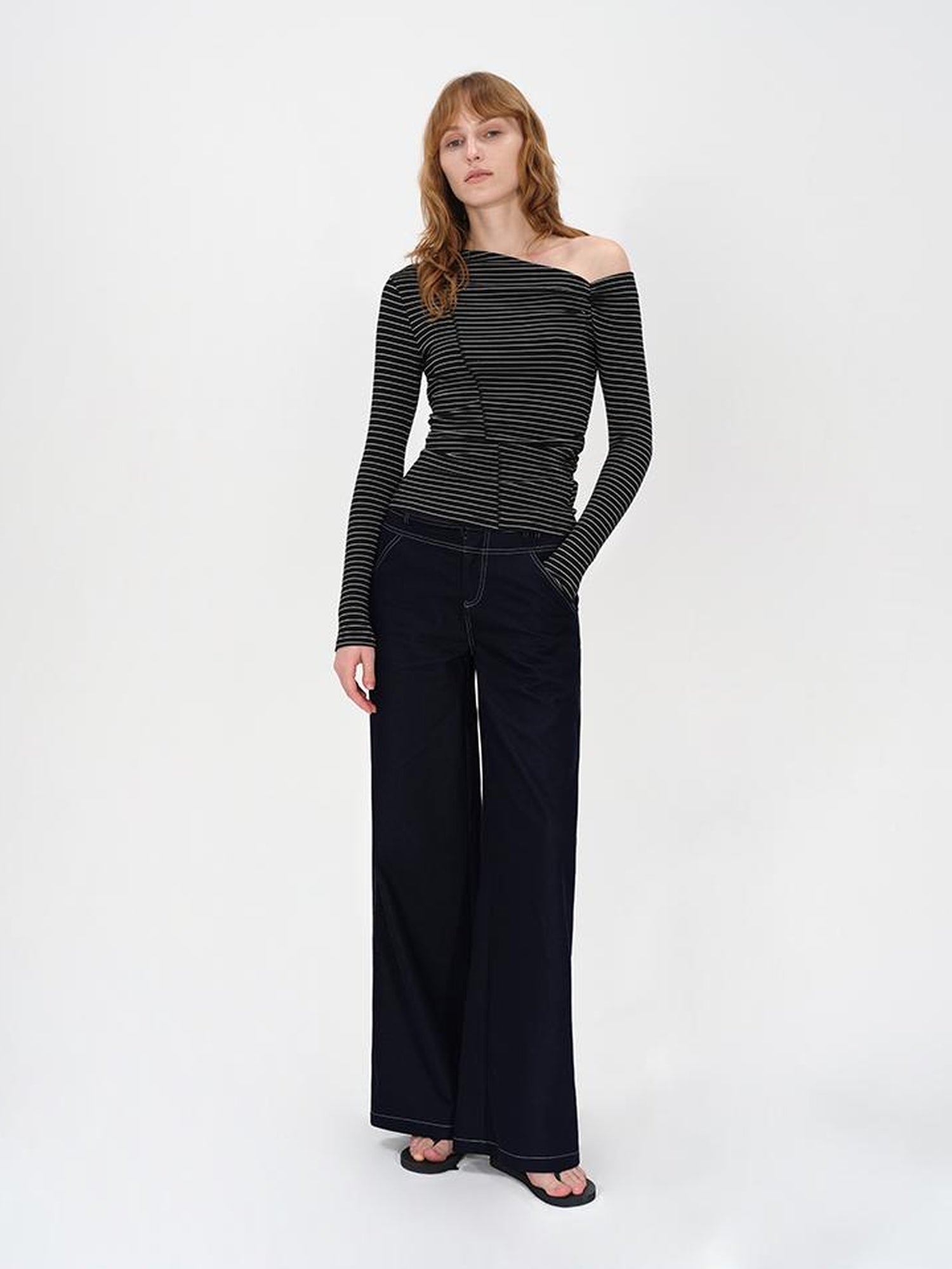 AFTADAWN Oblique Neck Pleated Long Sleeve Striped T-Shirt