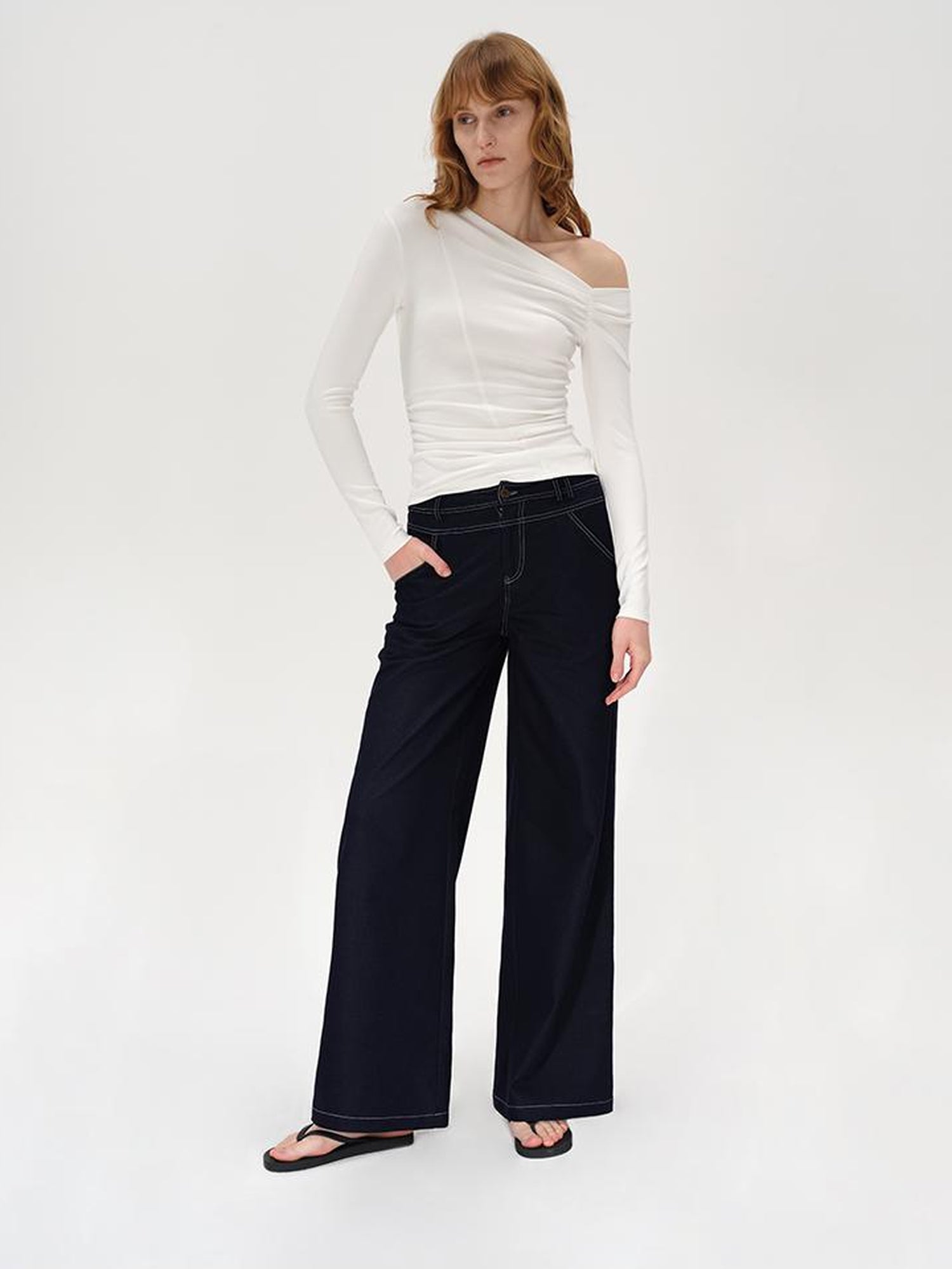 AFTADAWN Oblique Neck Pleated Long Sleeve Striped T-Shirt