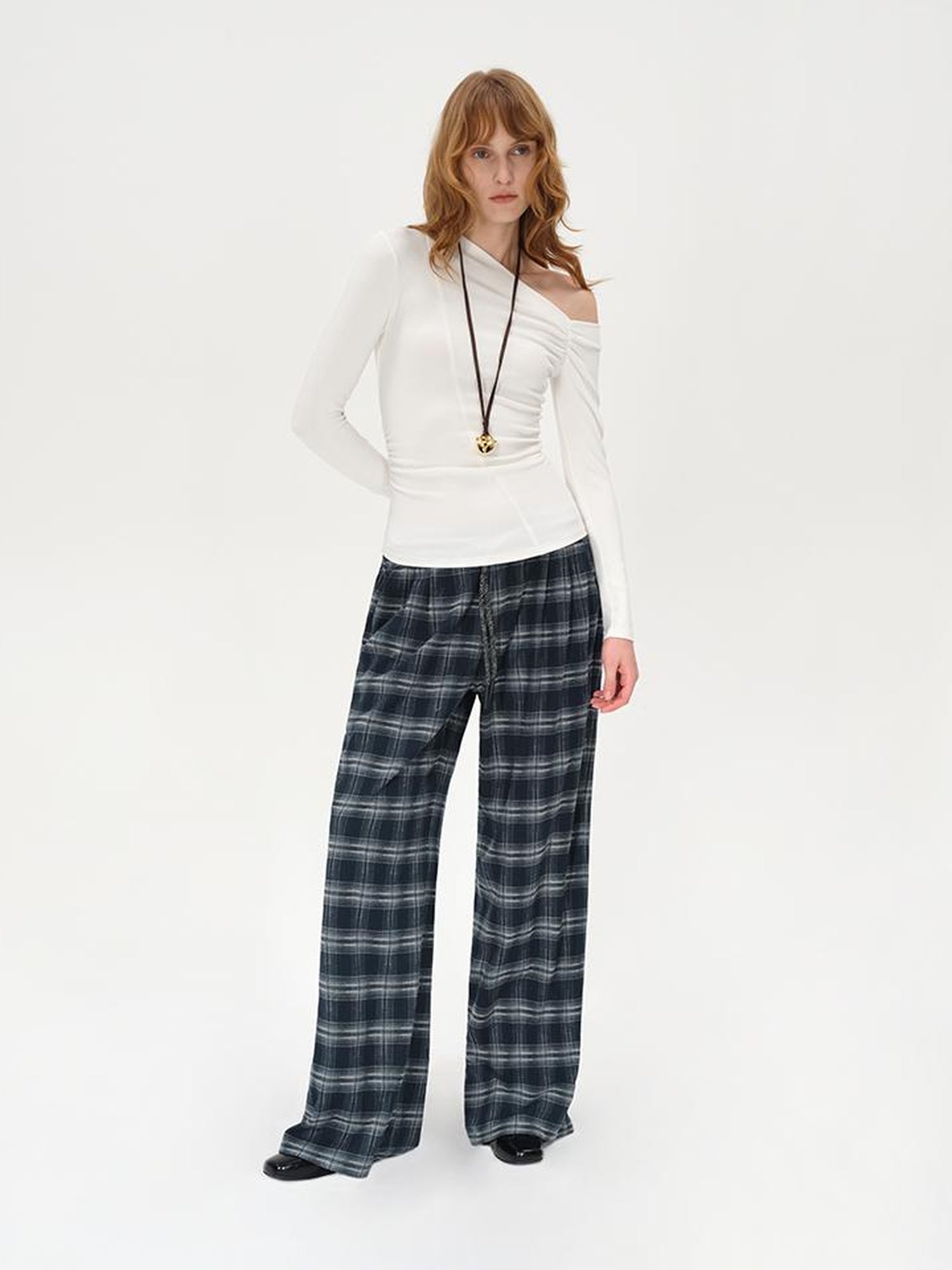 AFTADAWN Oblique Neck Pleated Long Sleeve Striped T-Shirt