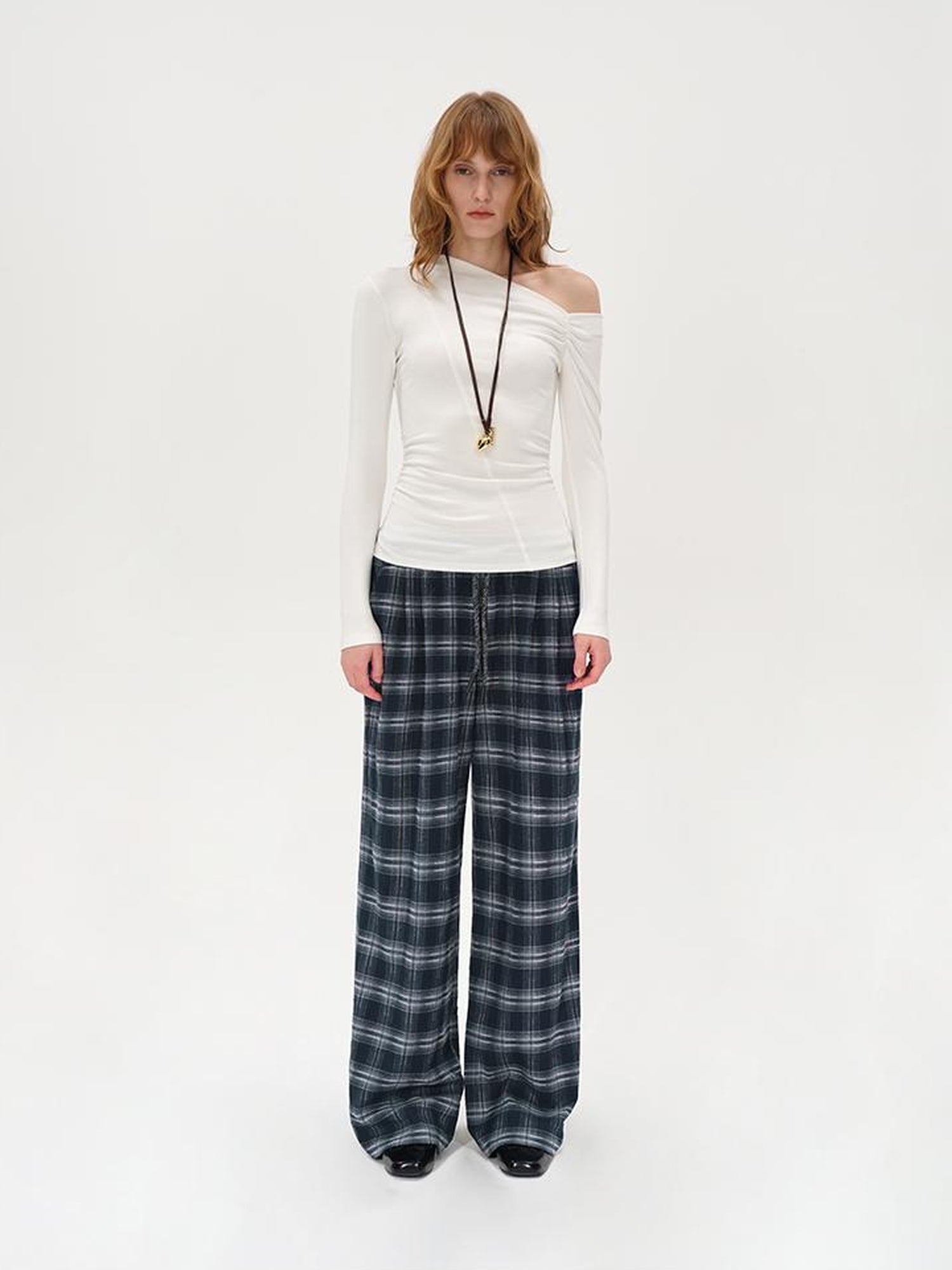 AFTADAWN Oblique Neck Pleated Long Sleeve Striped T-Shirt