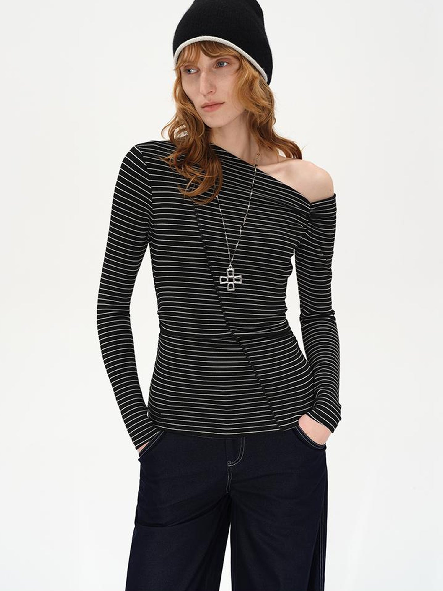 AFTADAWN Oblique Neck Pleated Long Sleeve Striped T-Shirt