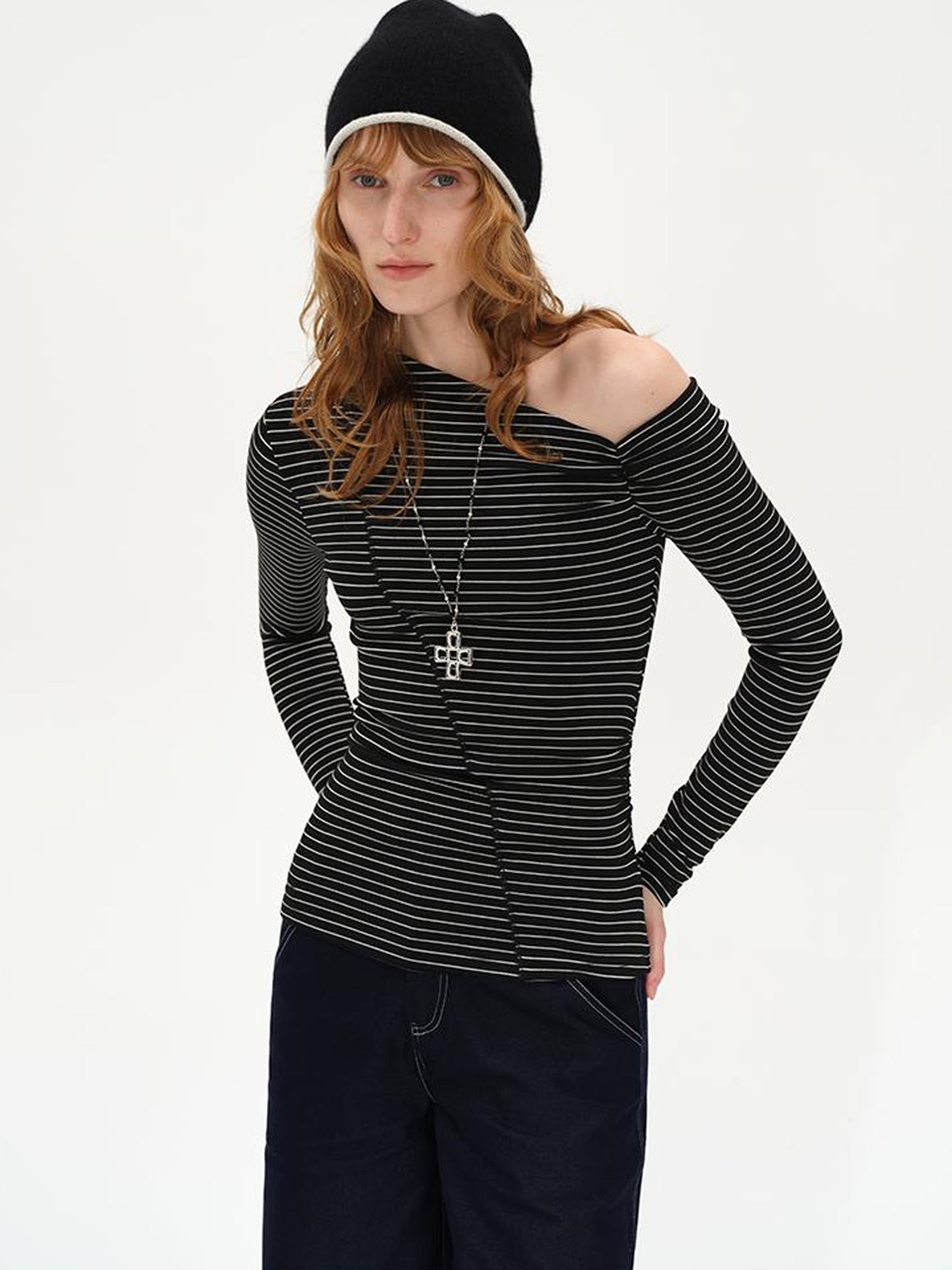 AFTADAWN Oblique Neck Pleated Long Sleeve Striped T-Shirt