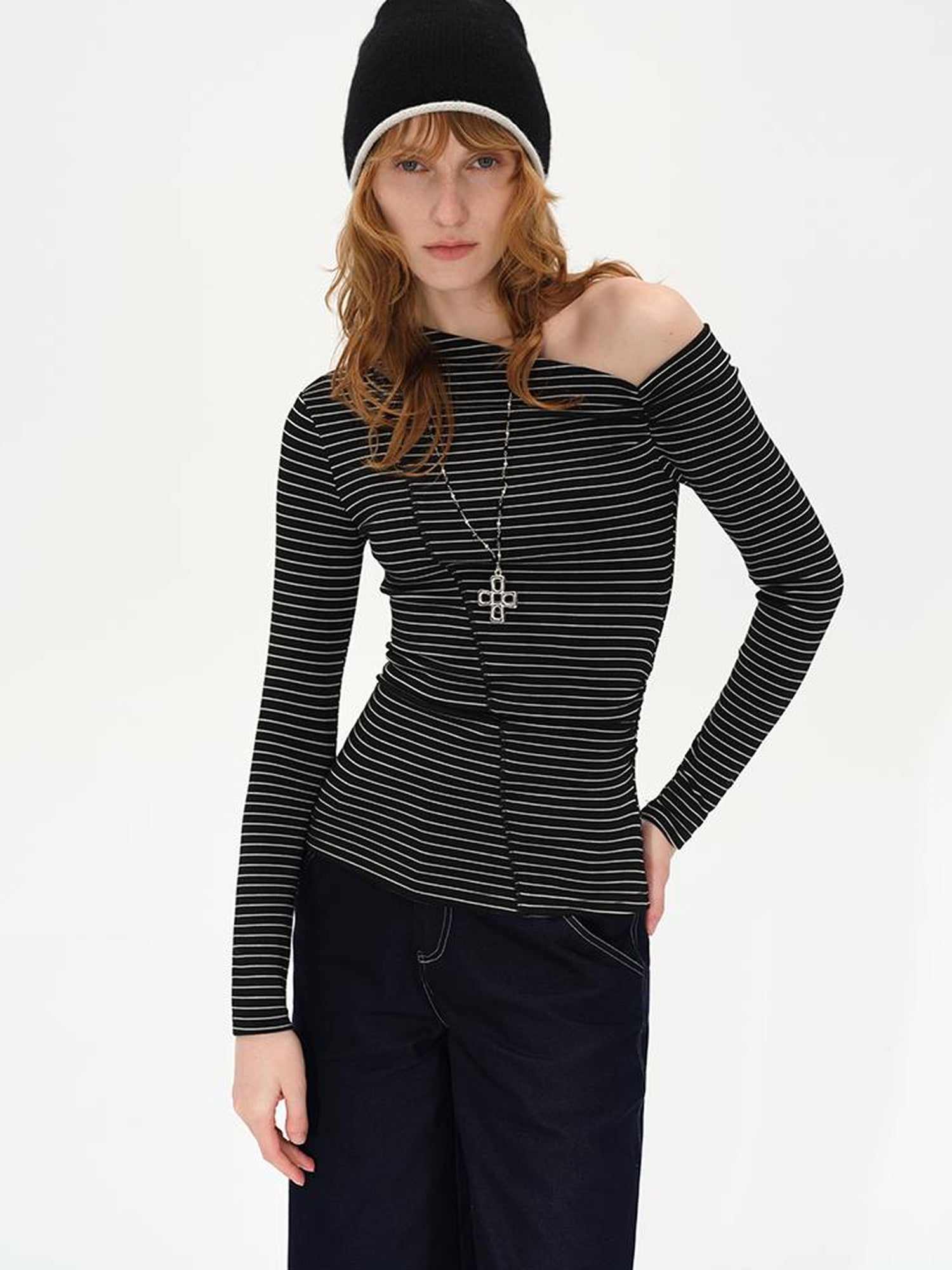 AFTADAWN Oblique Neck Pleated Long Sleeve Striped T-Shirt