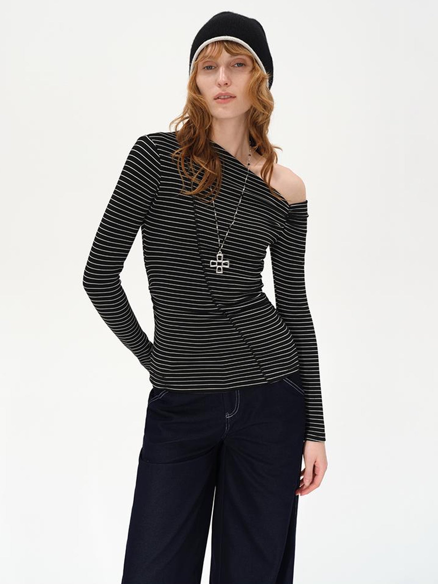 AFTADAWN Oblique Neck Pleated Long Sleeve Striped T-Shirt