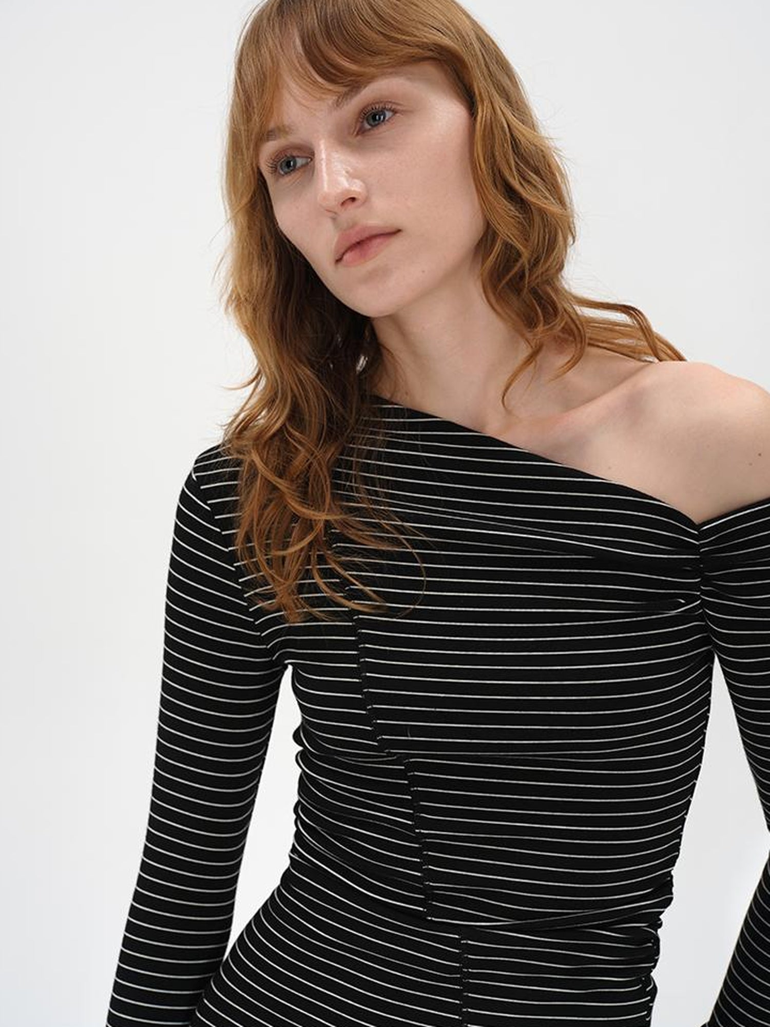 AFTADAWN Oblique Neck Pleated Long Sleeve Striped T-Shirt