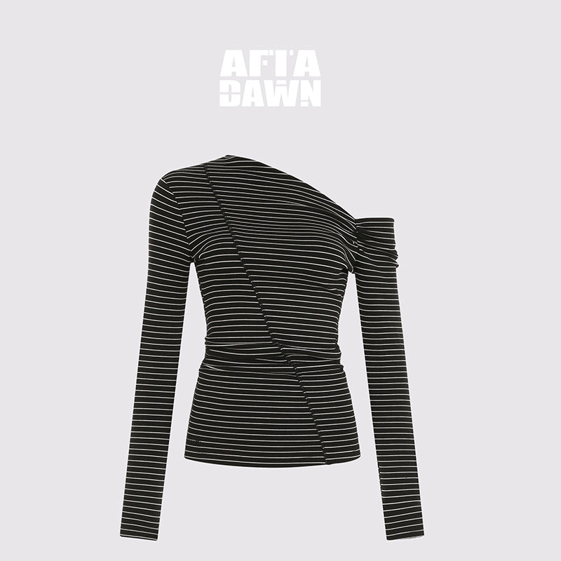 AFTADAWN_Oblique_Neck_Pleated_Long_Sleeve_Striped_T-Shirt_MISSTT