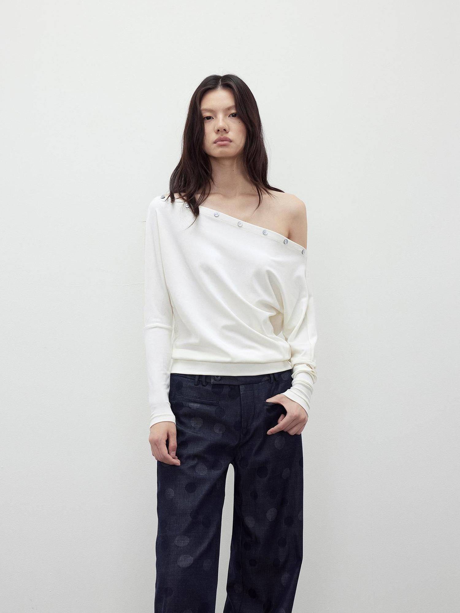 AFTADAWN Off Shoulder Button Detailed Top In Soft Wood Pulp Fiber