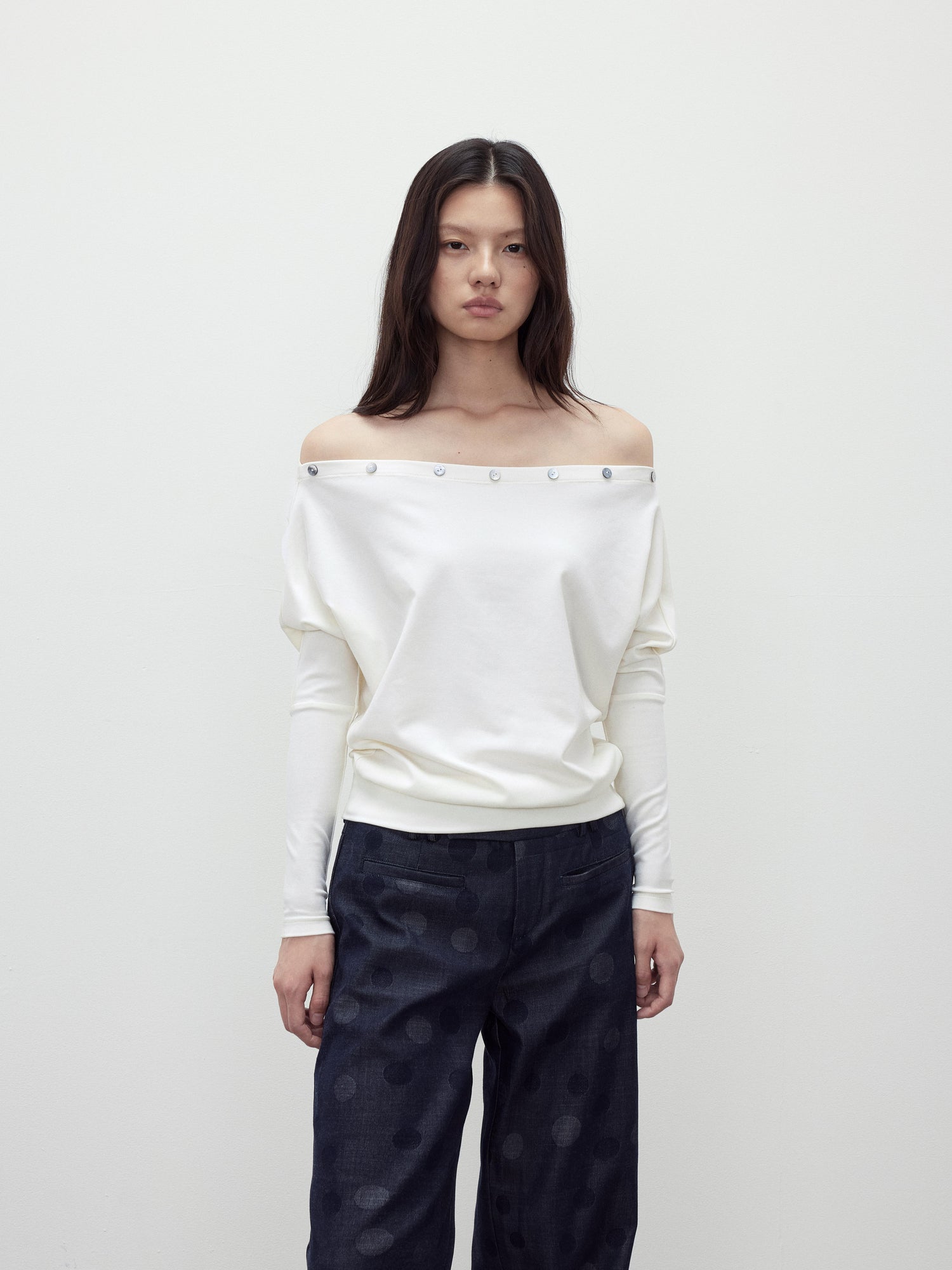 AFTADAWN Off Shoulder Button Detailed Top In Soft Wood Pulp Fiber
