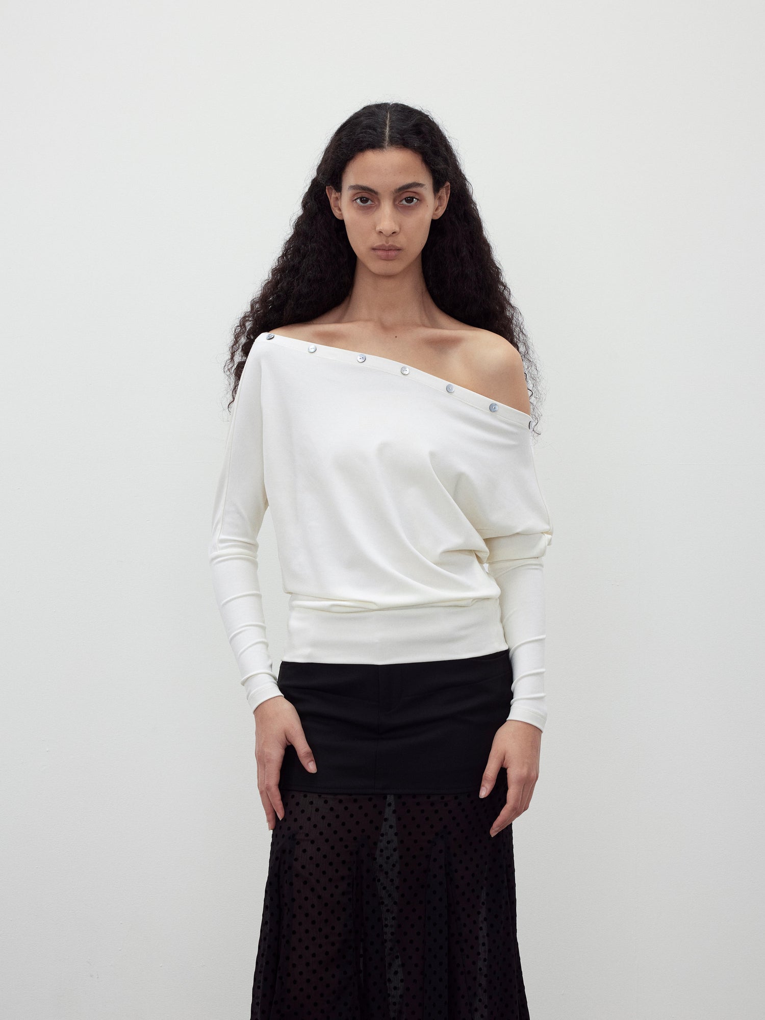 AFTADAWN Off Shoulder Button Detailed Top In Soft Wood Pulp Fiber