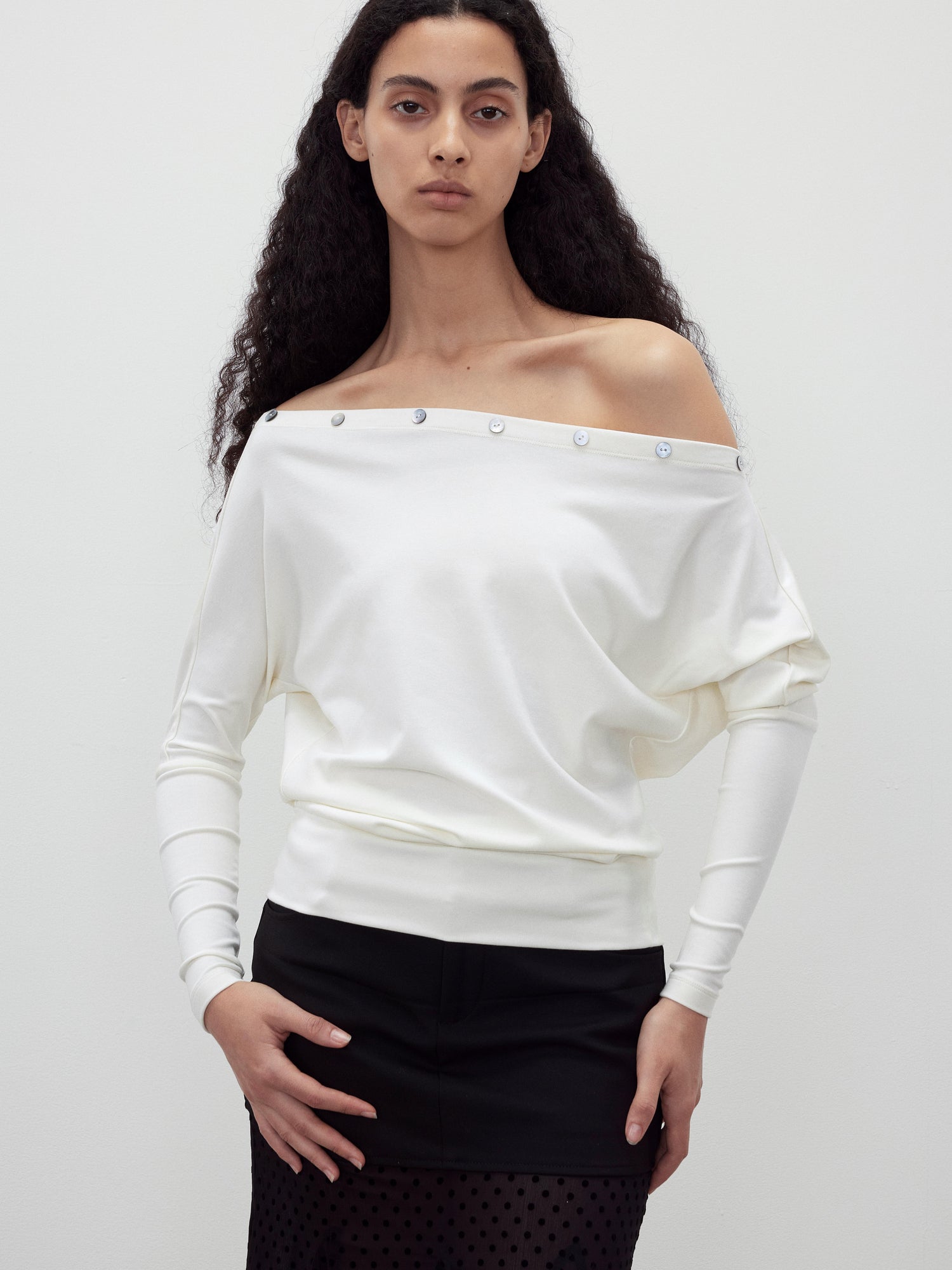 AFTADAWN Off Shoulder Button Detailed Top In Soft Wood Pulp Fiber