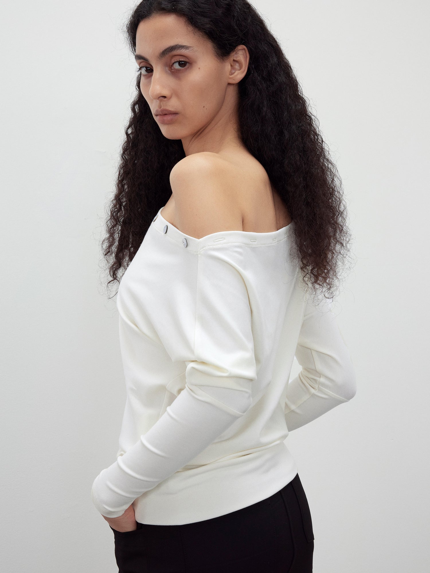 AFTADAWN Off Shoulder Button Detailed Top In Soft Wood Pulp Fiber