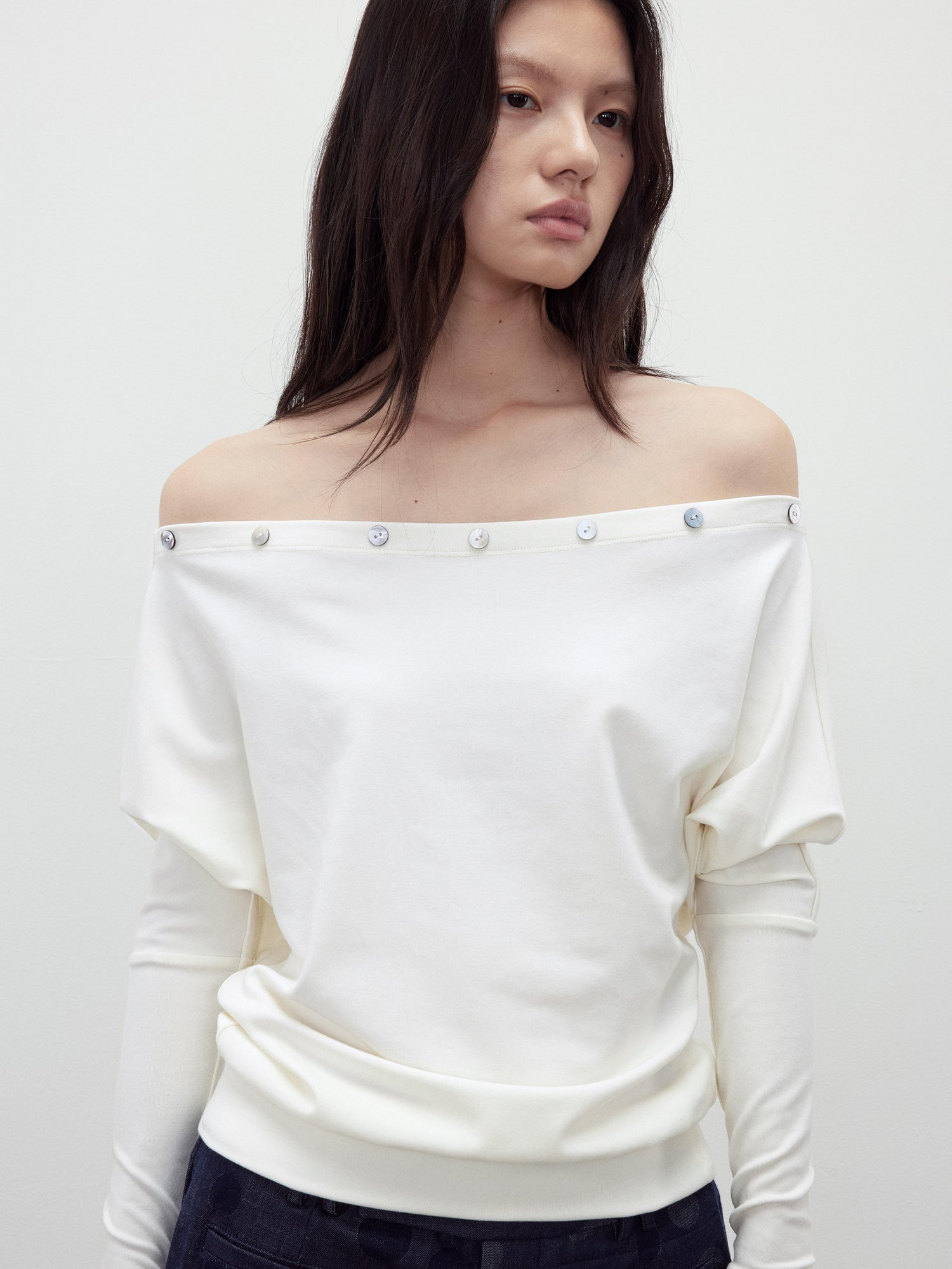 AFTADAWN Off Shoulder Button Detailed Top In Soft Wood Pulp Fiber
