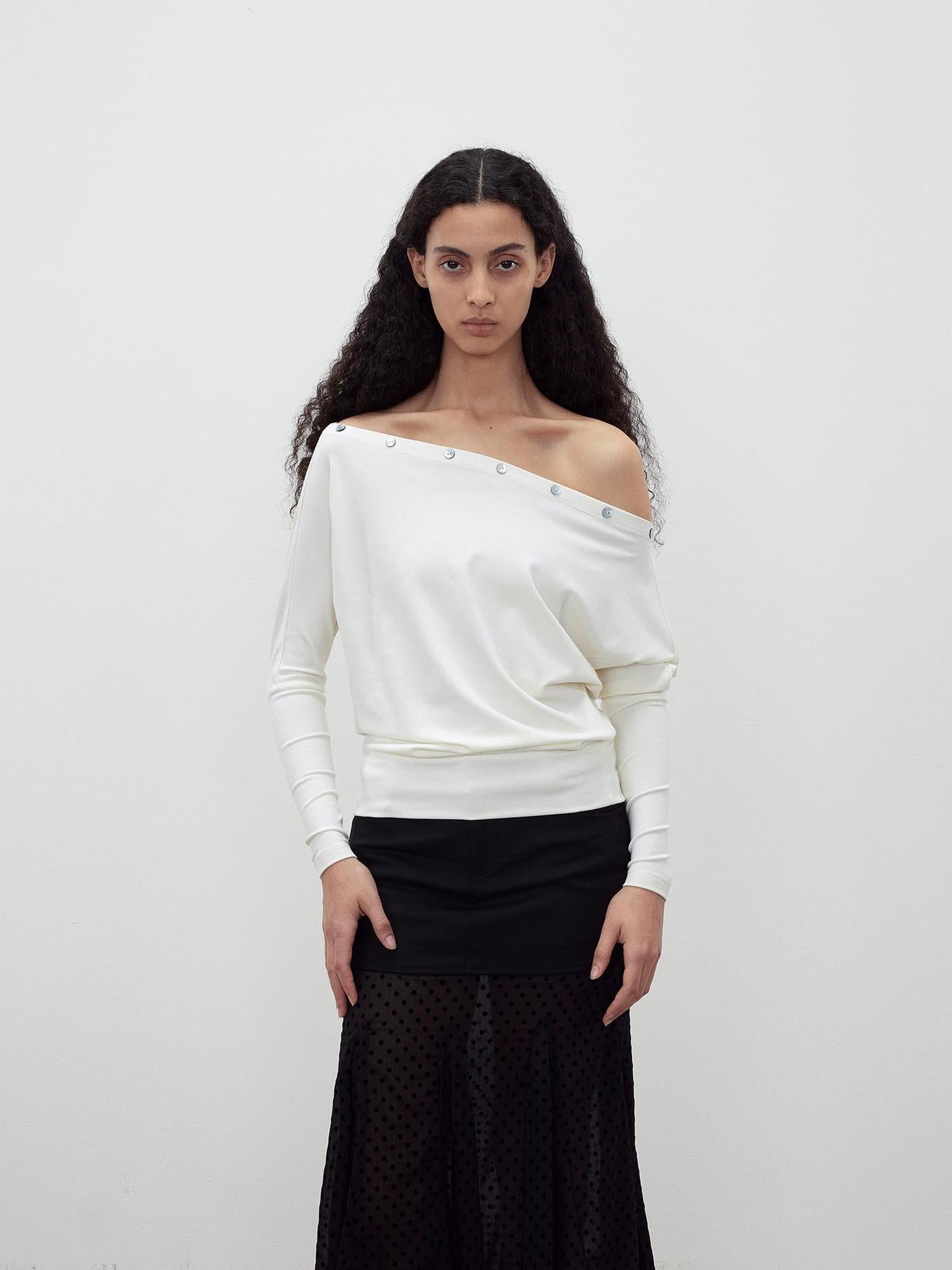 AFTADAWN Off Shoulder Button Detailed Top In Soft Wood Pulp Fiber