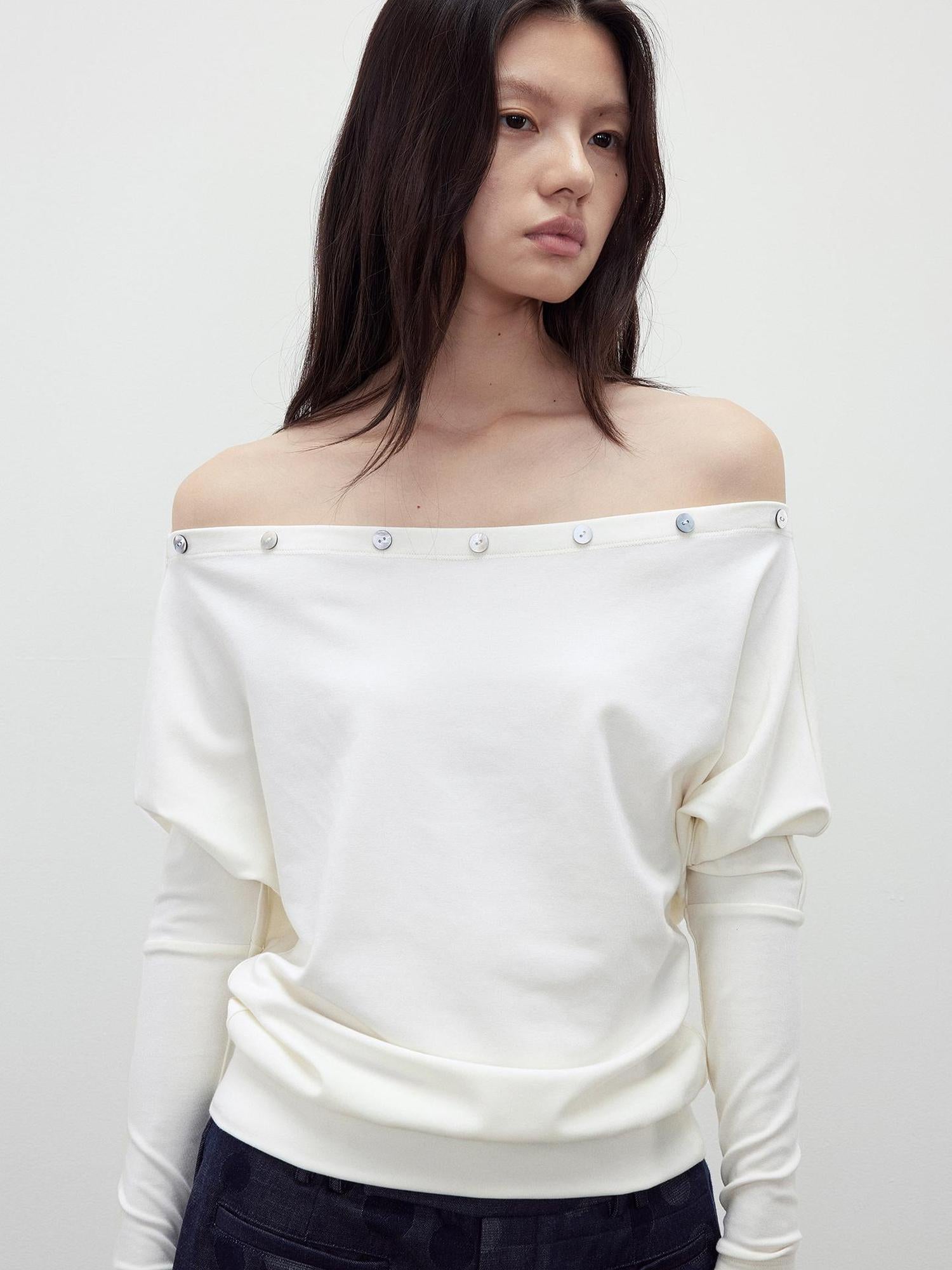 AFTADAWN Off Shoulder Button Detailed Top In Soft Wood Pulp Fiber