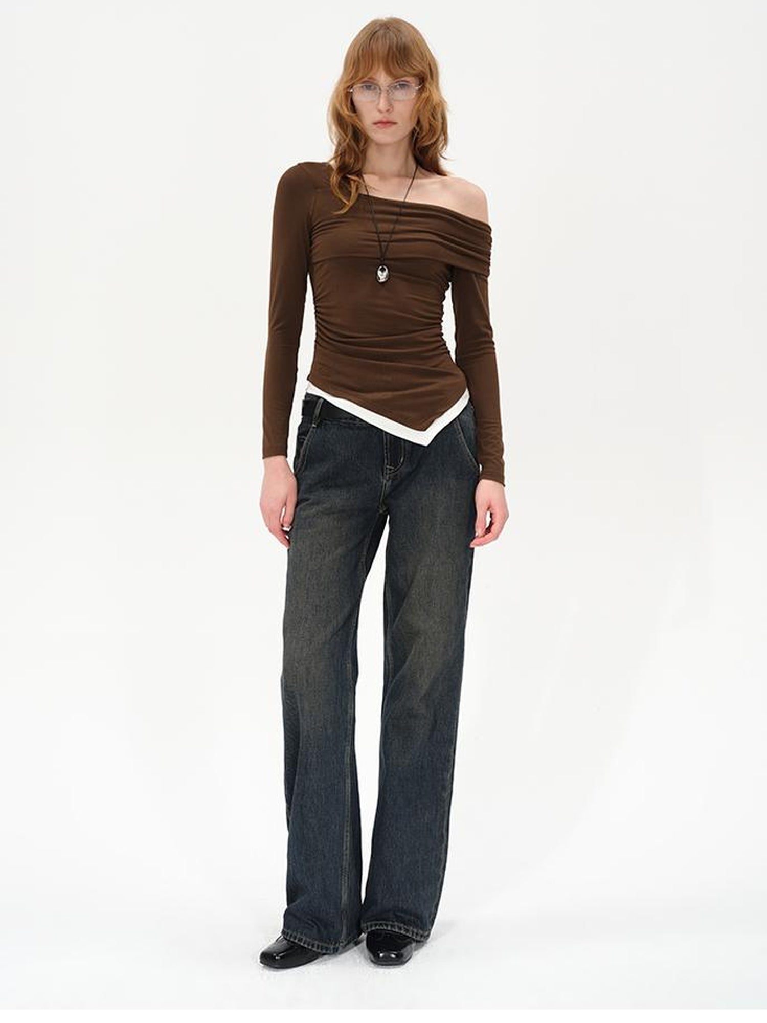 AFTADAWN Off Shoulder Color Block Hem Knitted Tee