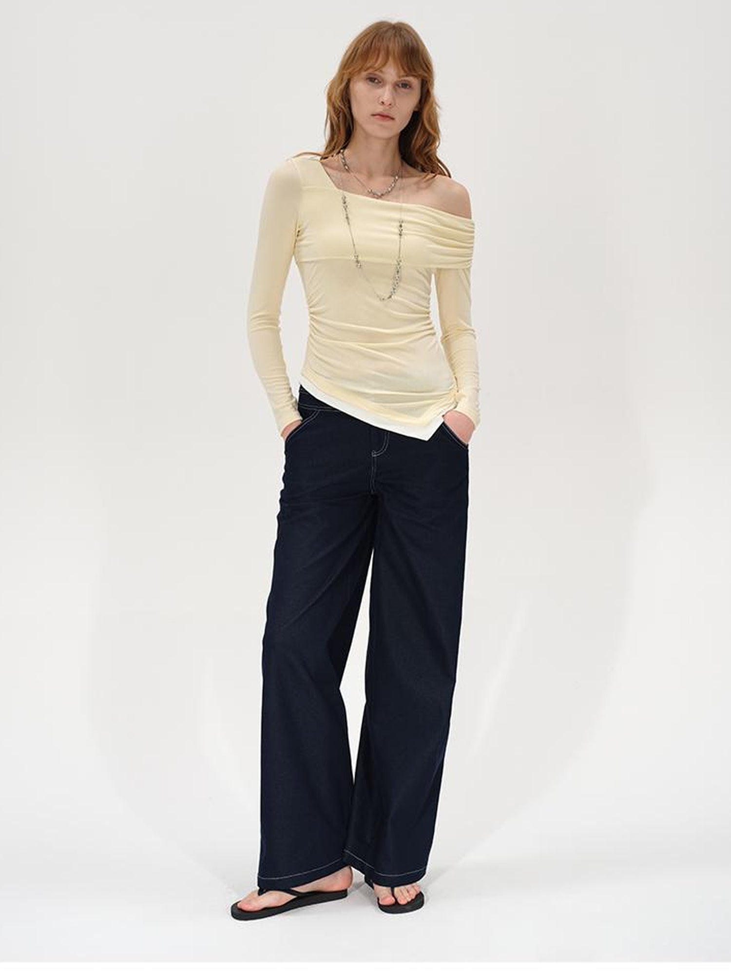 AFTADAWN Off Shoulder Color Block Hem Knitted Tee