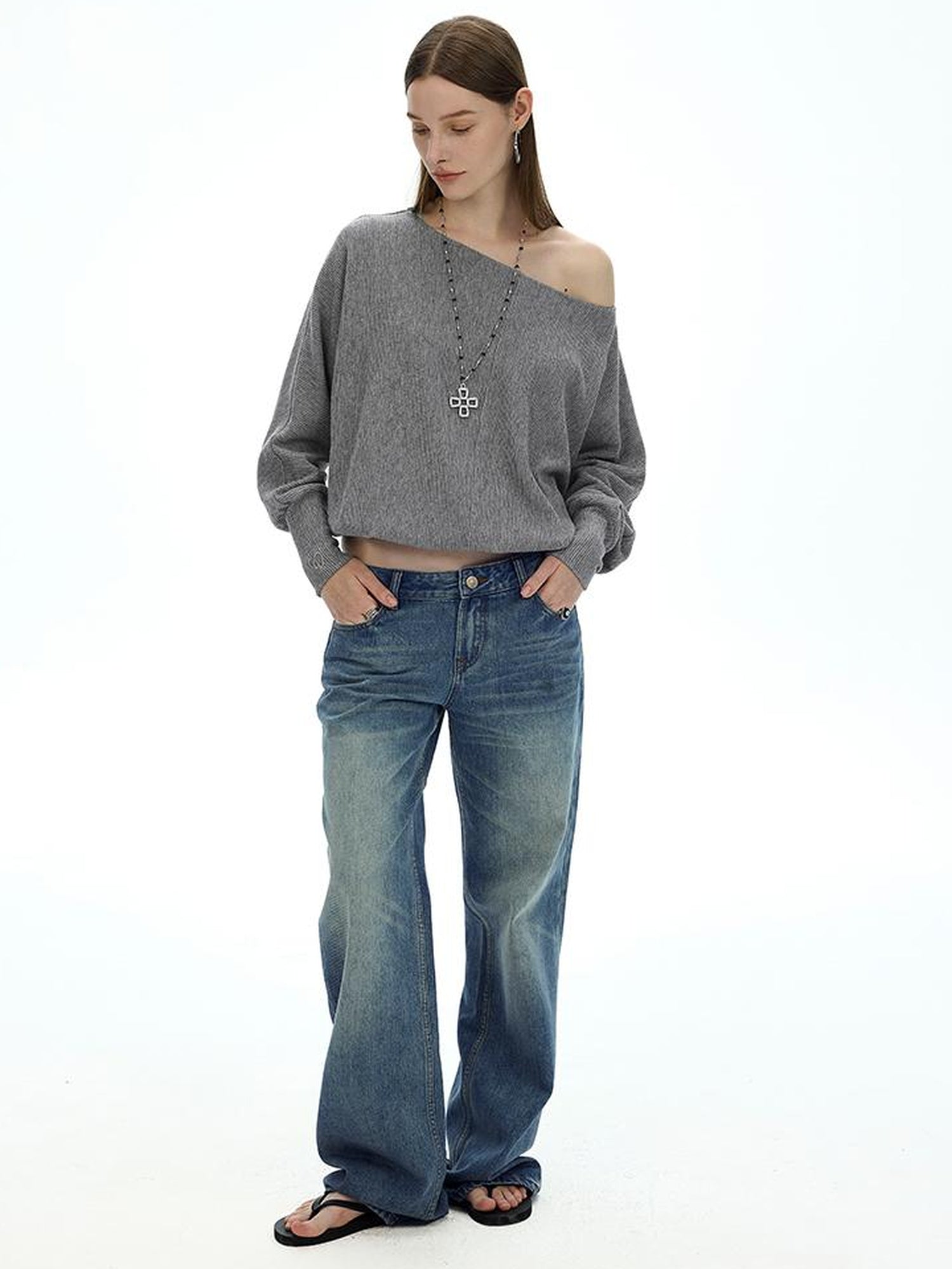 AFTADAWN Off Shoulder Embroidered Glitter Loose Fit Top