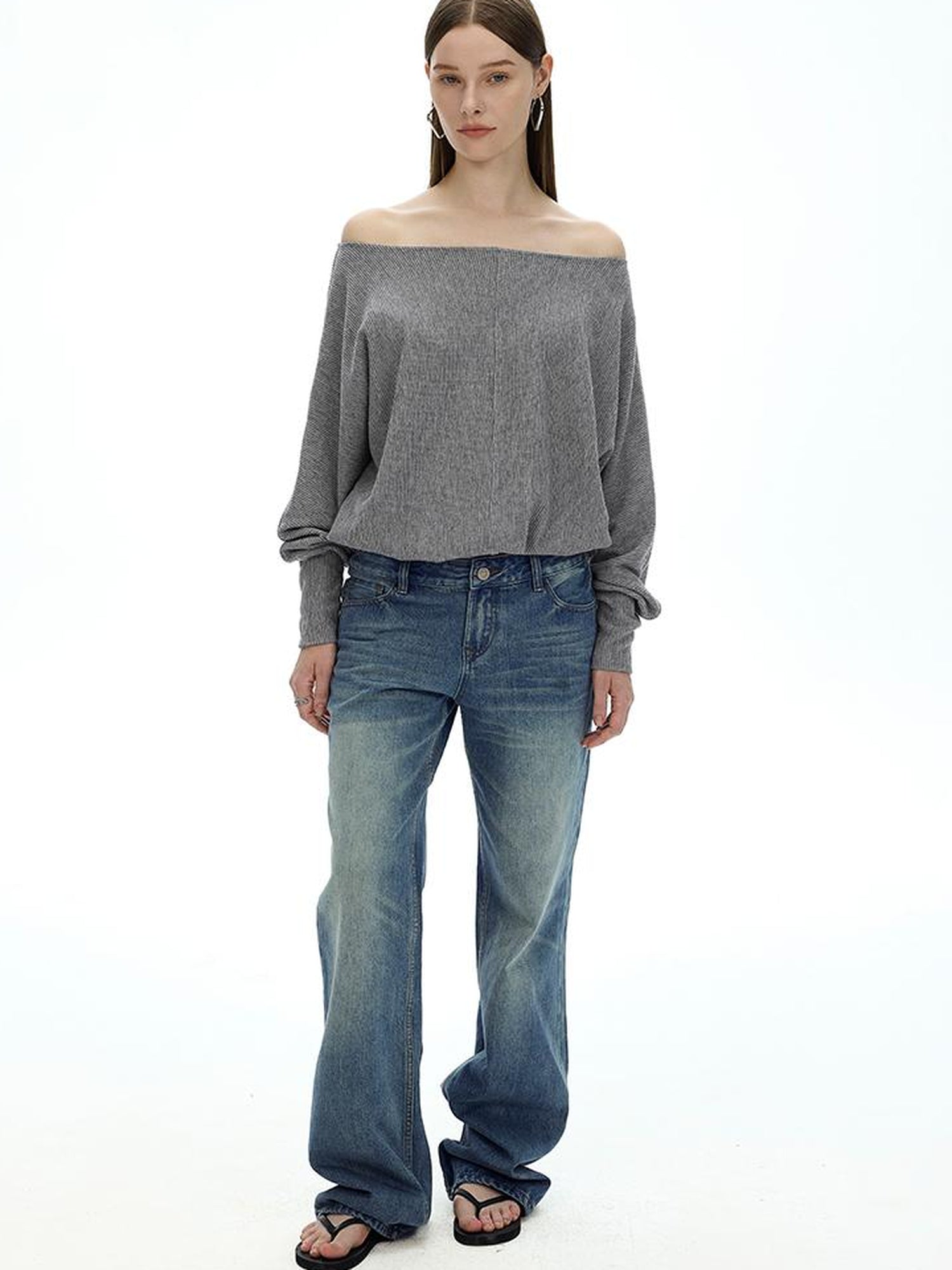 AFTADAWN Off Shoulder Embroidered Glitter Loose Fit Top