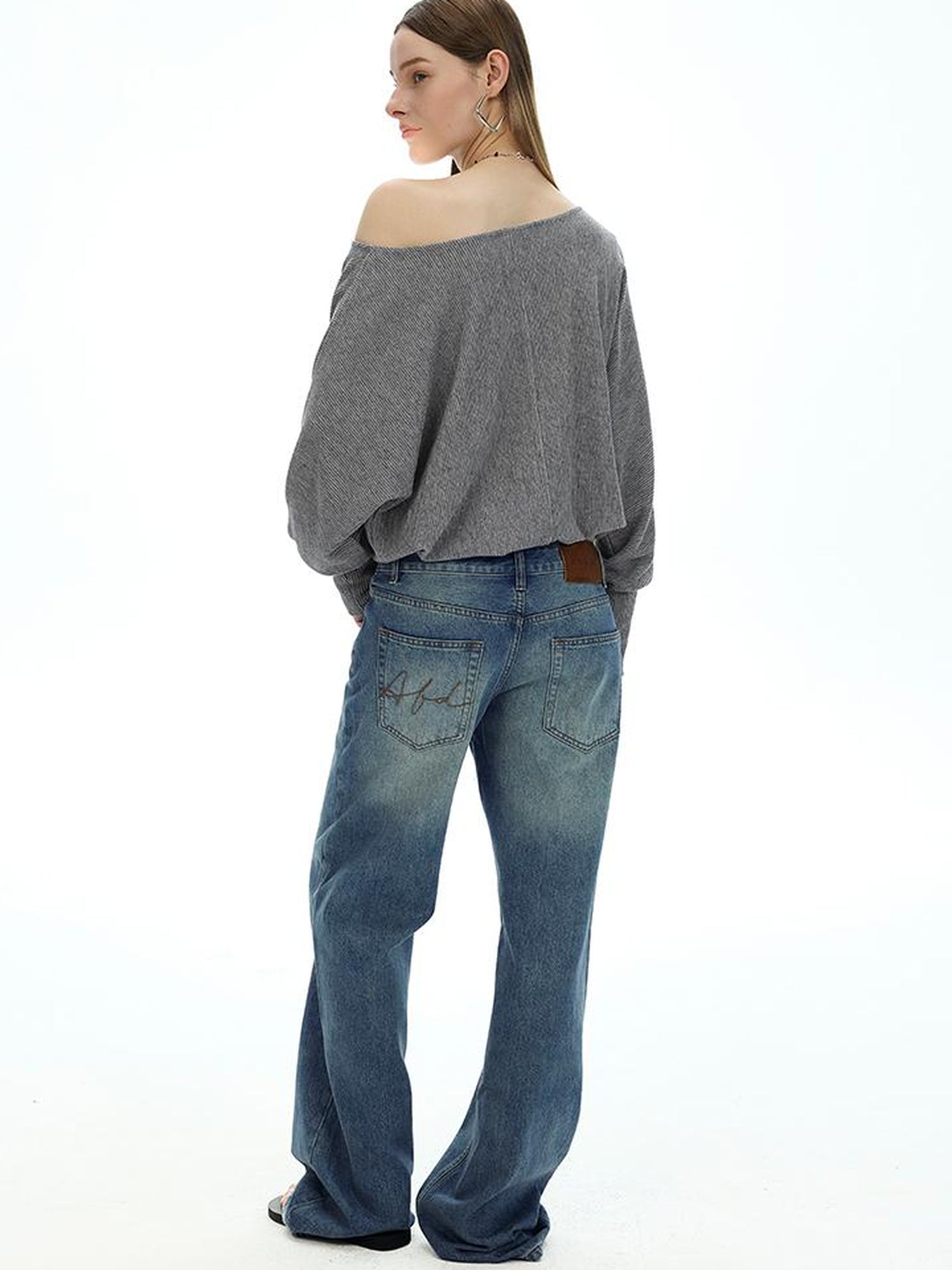 AFTADAWN Off Shoulder Embroidered Glitter Loose Fit Top