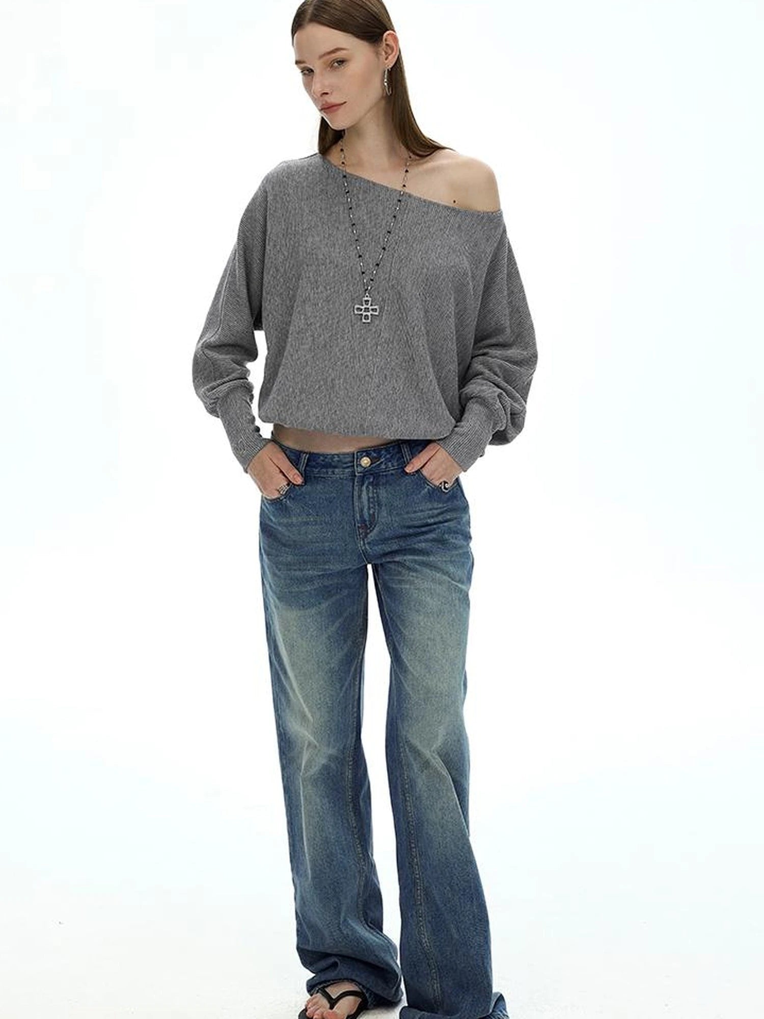 Off Shoulder Embroidered Glitter Loose Fit Top