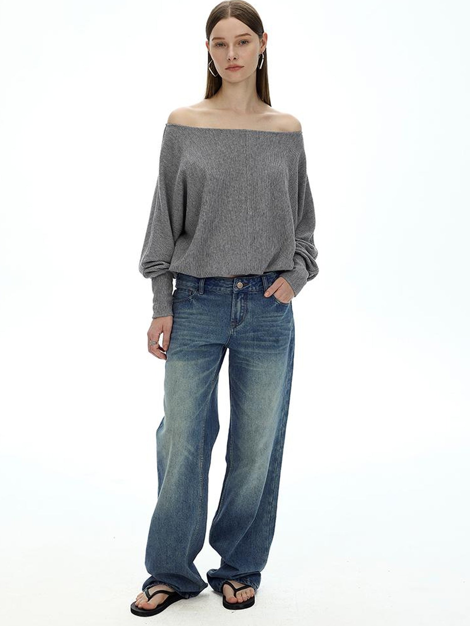 AFTADAWN Off Shoulder Embroidered Glitter Loose Fit Top
