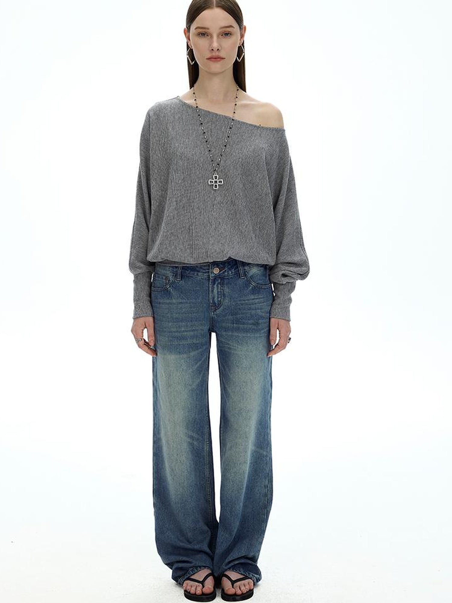 AFTADAWN Off Shoulder Embroidered Glitter Loose Fit Top