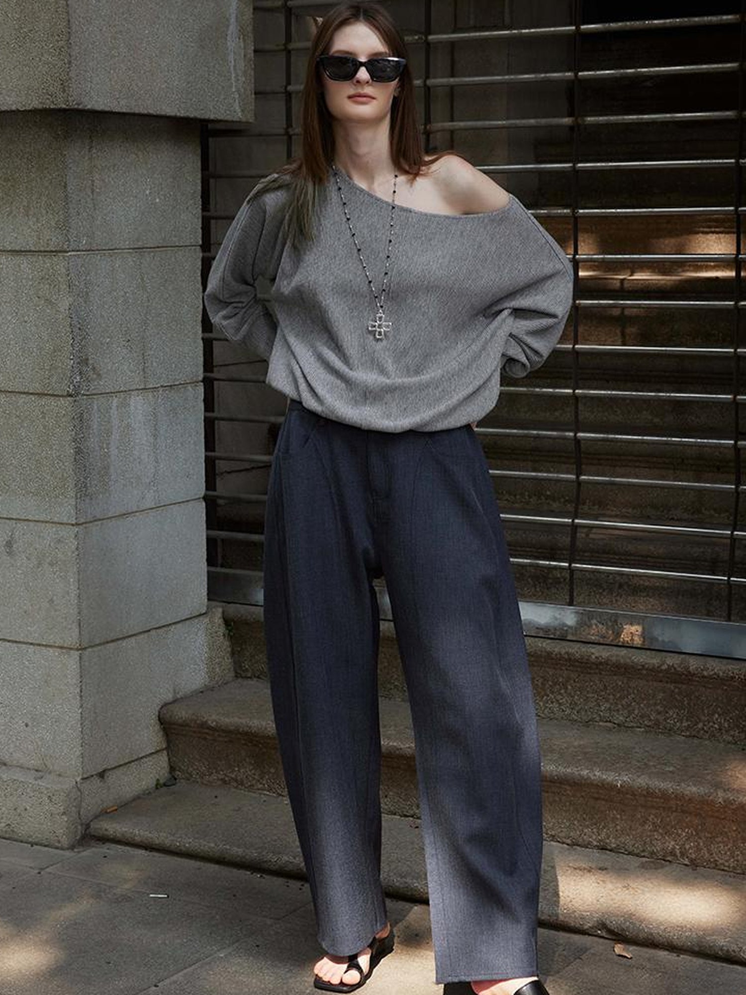 AFTADAWN Off Shoulder Embroidered Glitter Loose Fit Top