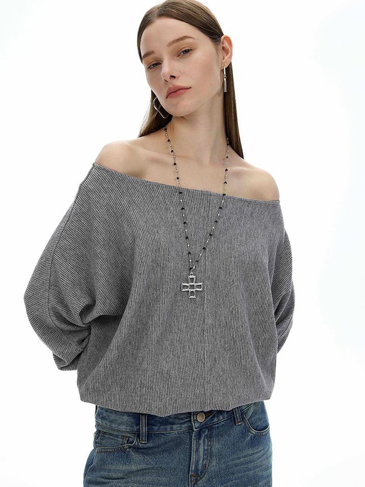 AFTADAWN Off Shoulder Embroidered Glitter Loose Fit Top